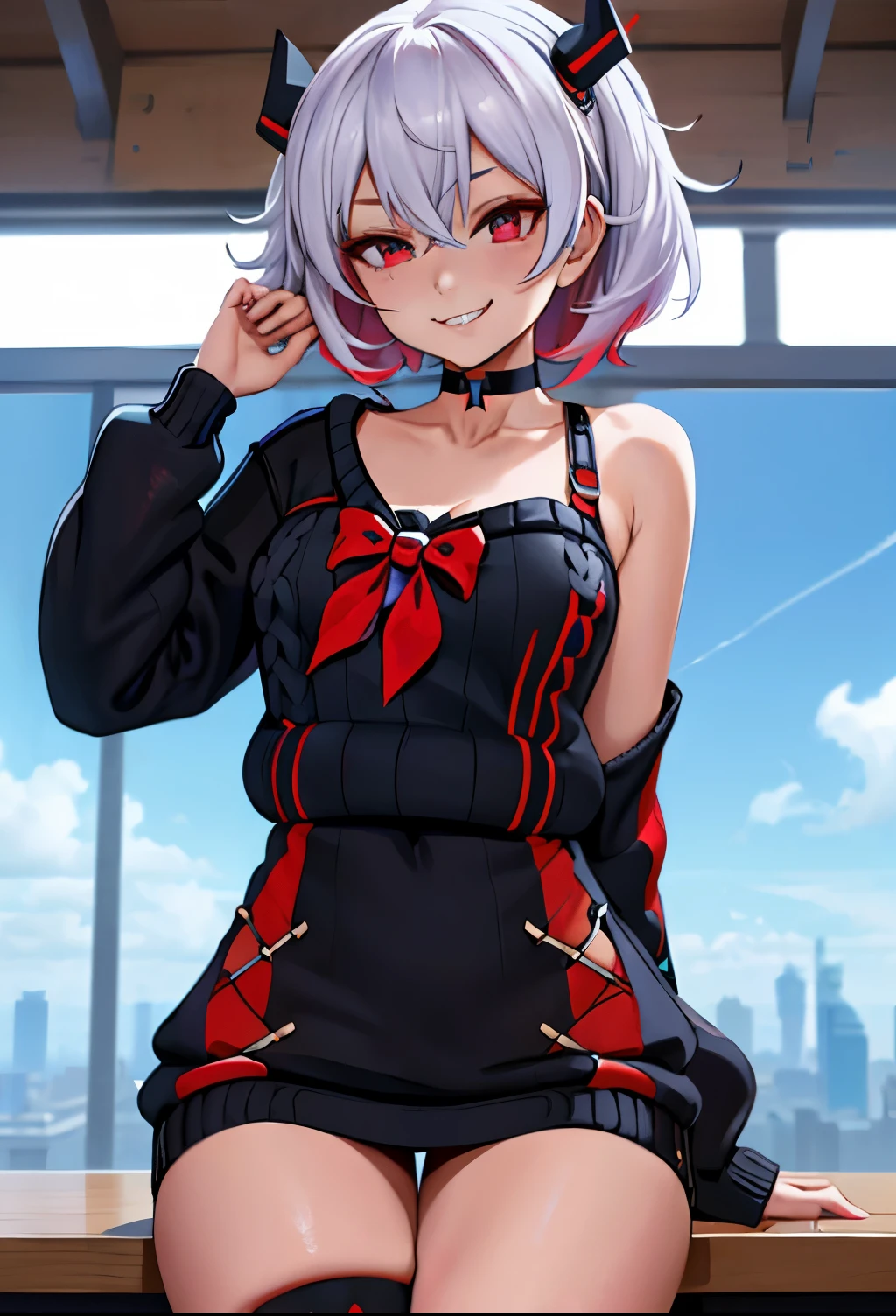 Kafka from Honkai Star Rail, (((solo))),(((virgin destroyer sweater, choker, ecchi))), ((shy smile)), dynamic angle, in house,