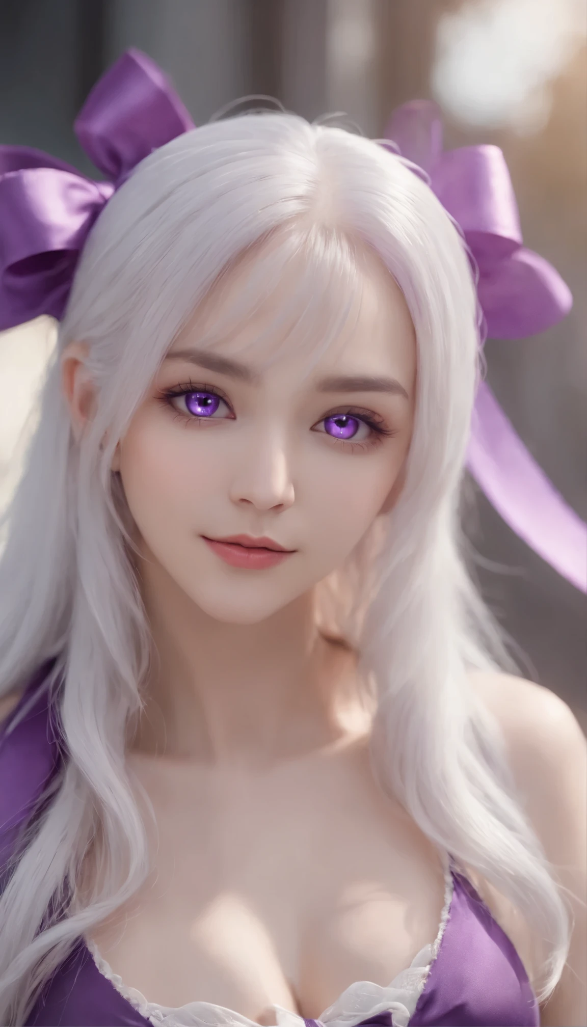 ((Cute )), ((purple eyes)), (Long hair), ((white hair)), (((straight hair))), hair between eyes, ((Purple hair ribbon)), flat chest, (Purple Miko), white kneehighs, aroused, fang, (victory pose), looking at the viewer, big smile, (masutepiece:1.2), Best Quality, High resolution, Unity 8k wallpaper, (Illustration:0.8), (Beautiful detailed eyes:1.6), extra detailed face, Perfect Lighting, anime style, focused on face