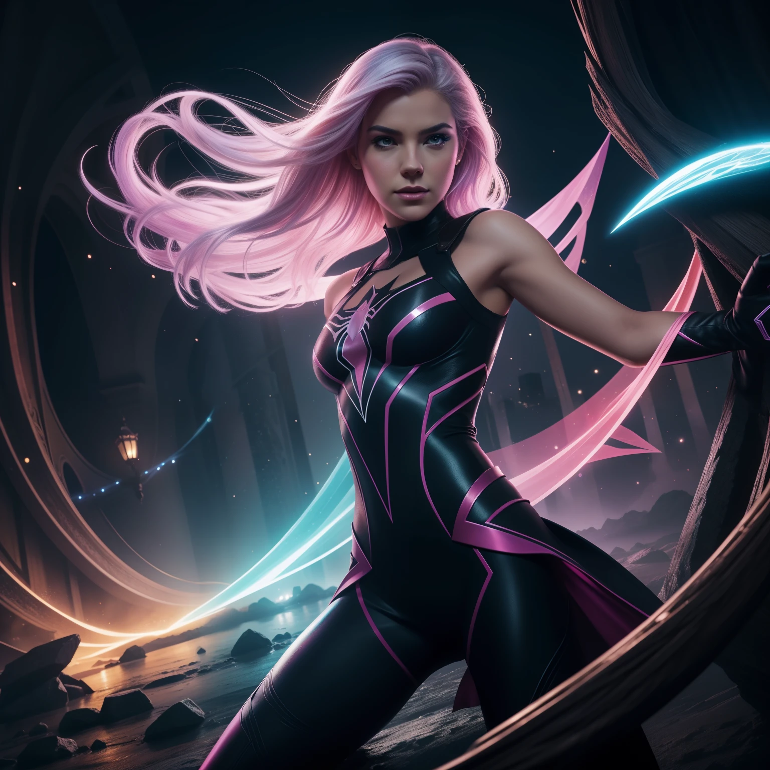 create a fantasy illustration image of a superhero like witch blade, she has a white superhero costume, pele apertada, capa, longa majestosa capa branca,, cosmic starry hair flowing, detailed digital illustration in a cyberschool courtyard, epic, artstation, estilo splash de tinta colorida, contorno, hiperdetalhado, fantasia, motor irreal, Fantastic, detalhe intrincado, tela inicial, arte conceitual de fantasia, 16K resolution, obra-prima do deviantart, oil painting, heavy strokes, gotejamento de tinta, artes de respingo, ambiente neon, cores silenciadas, filigrana detalhada, rim lighting, magia, ultra, realista, sharp features, altamente detalhado, sharp focus, cores silenciadas, rosto perfeito, olhos perfeitos, perfect full lips, supple female form, Vivid, cinematografic, luz de filme, hiper detalhado, obra-prima, atmospheric, high resolution, vibrante, Dynamic studio lighting, arte estilo WLOP, spidergwen