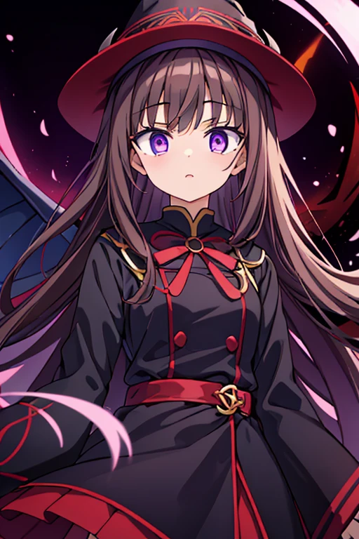 About 16 ~ 19 year old girl，purple-eyed，Long brown hair，white skin，Wear a black coat，red、Purple skirt，red、Black wizard hat，Two-dimensional style，fear，crazy，bloodthirsty，手中拿着血red色的长刀，Devil wings，Very mysterious