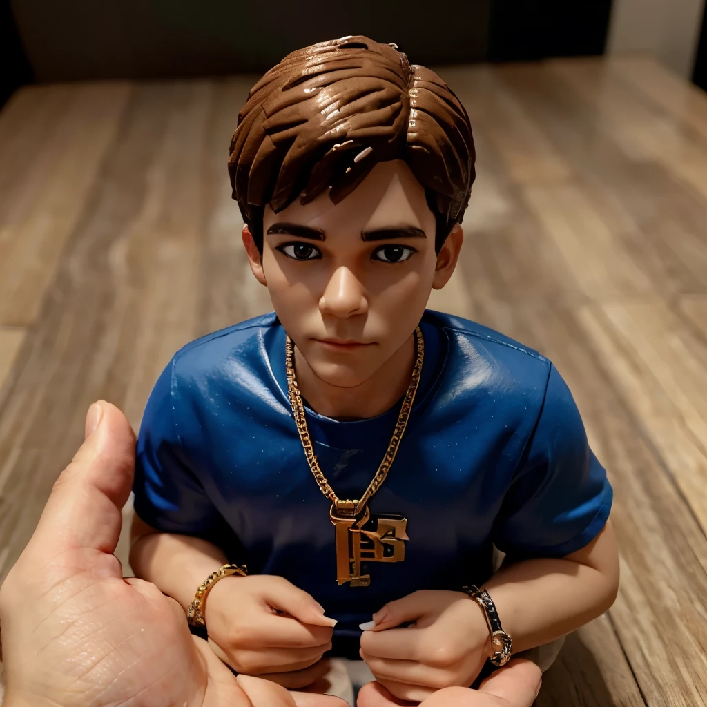 ✨:3D caricature of boy a key chain in the palm of the hand. High quality realistic photo, and there is the name " ABi" in 3D letter style, embos 12345