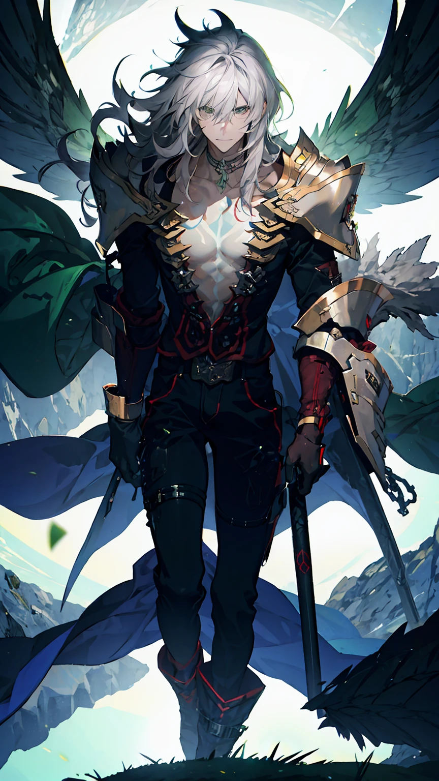 ung man,solo,gray hair,long hair,green eyes,(best quality:1.2),(masterpiece:1.2),(ultra-detailed),vivid colors,sharp focus,moolight,studio lighting,confident expression,stylish,at the ruins