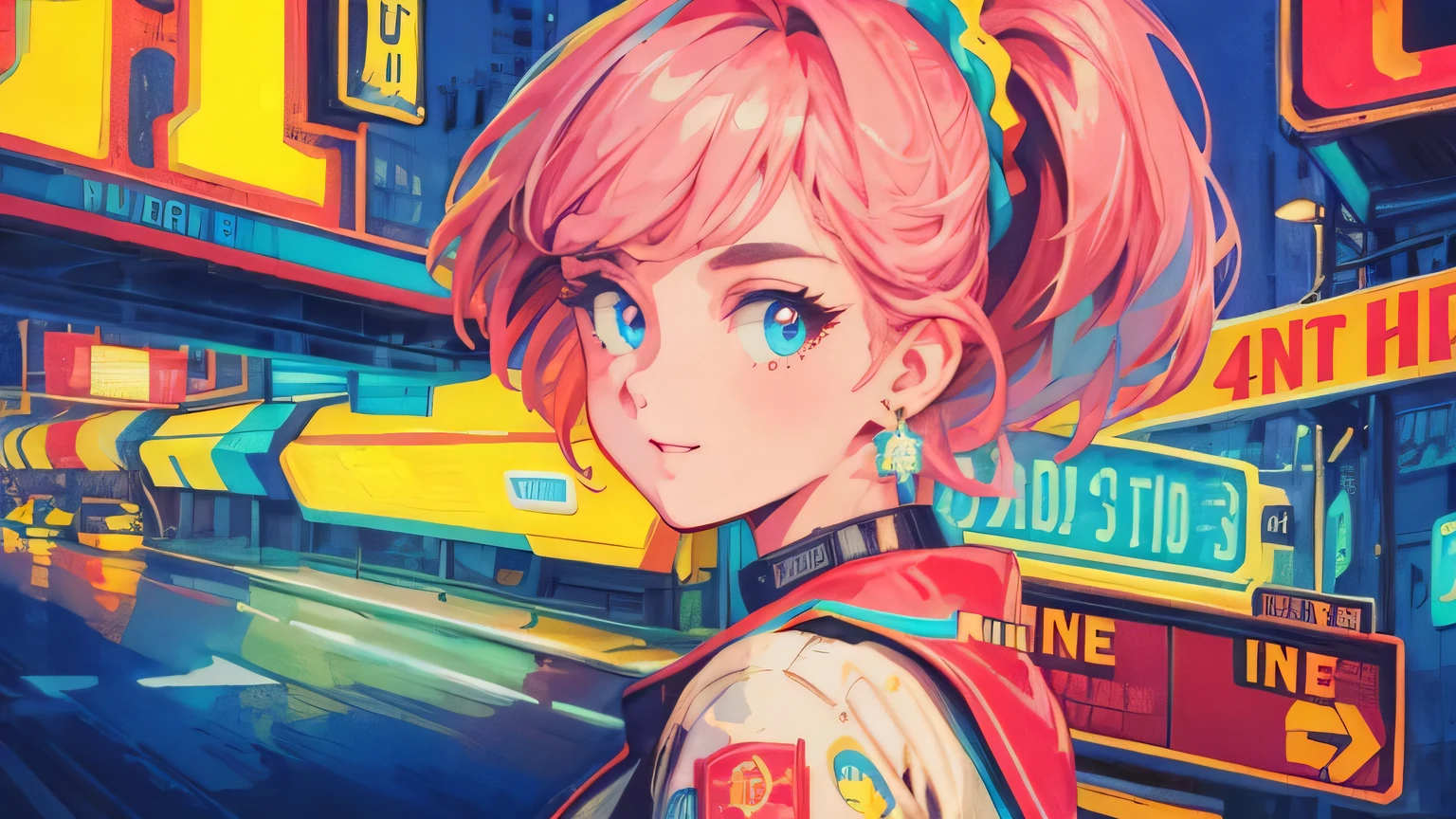best quality, 4K wallpaper, masterpiece, extremely detailed CG unity 8k wallpaper, extremely detailed eyes, ultra-detailed, intricate details, close up 1 happy girl in center, retro art style, neon_pop art style, public, outdoors, road sign, city, people