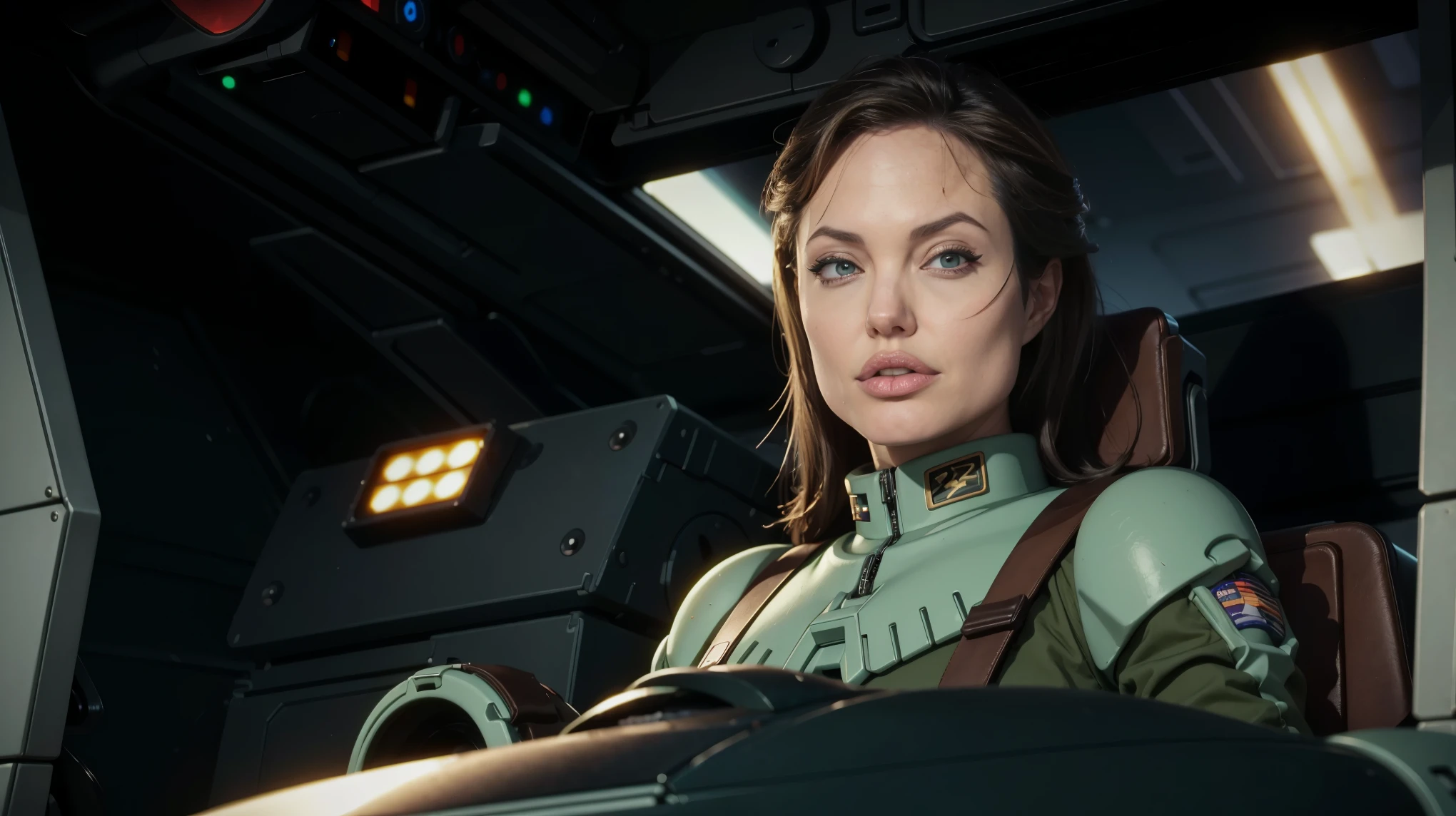 (((masterpiece,highest quality,In 8K,super detailed,High resolution,realistic,Absolutely))),Zeon female pilot sitting in the cockpit,(solo:1.5),(Angelina jolie:1.5),(((The background is the cockpit of a dark mobile suit.:1.5))),((blur background:1.5)),(Wearing a pilot suit:1.5),(Wearing a full-face helmet:1.5),(Beautiful woman:1.5),(Detailed facial depiction:1.5),(wallpaper:1.5)