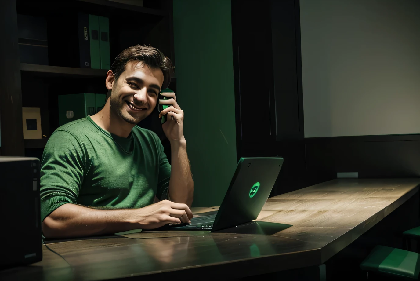 a smiling italian guy talking with phone while answering mails on a pc. (black and green colors).