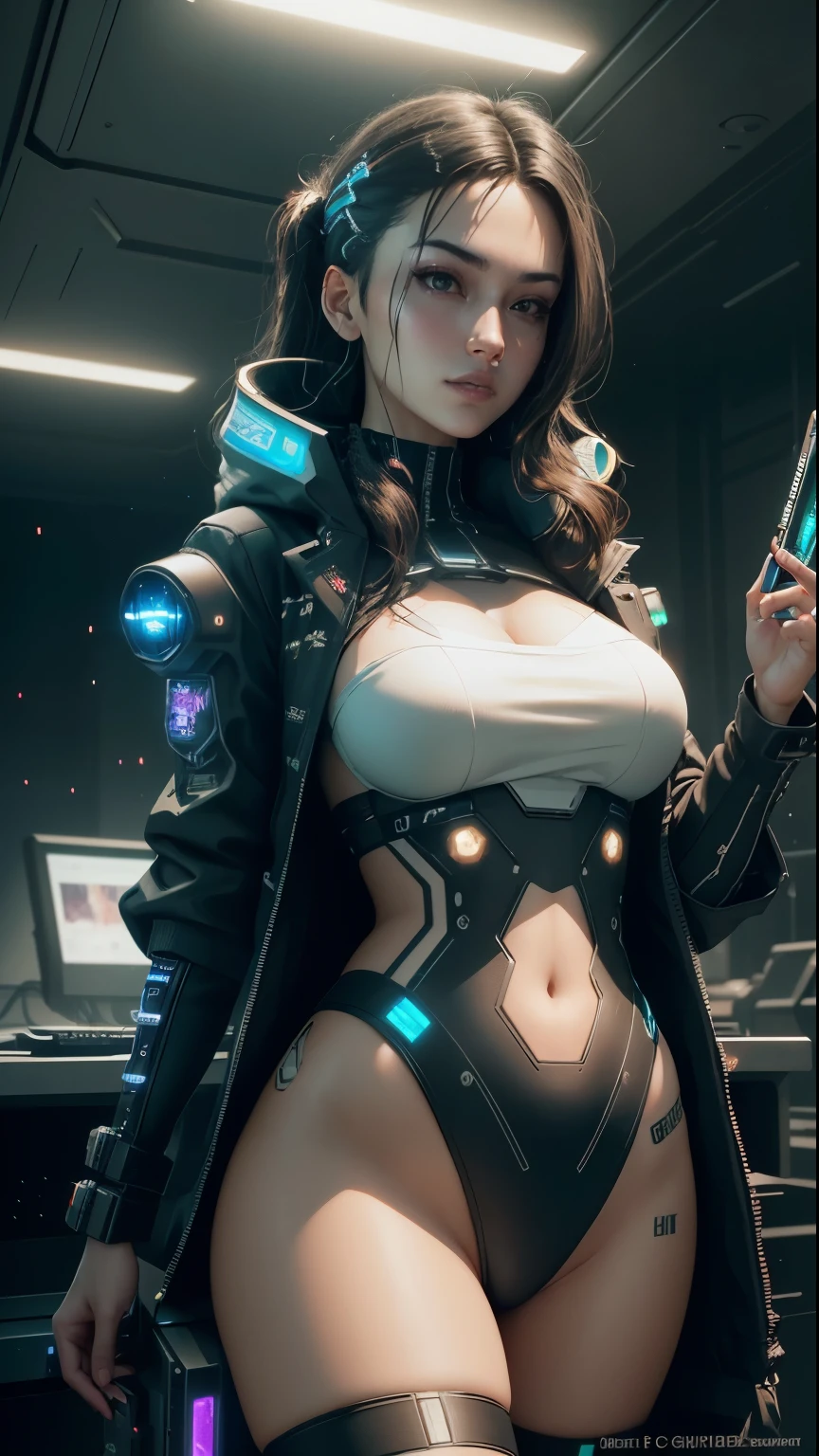 ((Best quality)), ((masterpiece)), (highly detailed:1.3), 3D, beautiful (cyberpunk:1.3) female hacker with thick voluminous hair operating a computer terminal, computer servers, LCD screens, fibre optic cables, corporate logos,HDR (High Dynamic Range),Ray Tracing,NVIDIA RTX,Super-Resolution,Unreal 5,Subsurface scattering,PBR Texturing,Post-processing,Anisotropic Filtering,Depth-of-field,Maximum clarity and sharpness,Multi-layered textures,Albedo and Specular maps,Surface shading,Accurate simulation of light-material interaction,Perfect proportions,Octane Render,Two-tone lighting,Low ISO,White balance,Rule of thirds,Wide aperature,8K RAW,Efficient Sub-Pixel,sub-pixel convolution,luminescent particles, Sub-Pixel,sub-pixel convolution,luminescent particles,