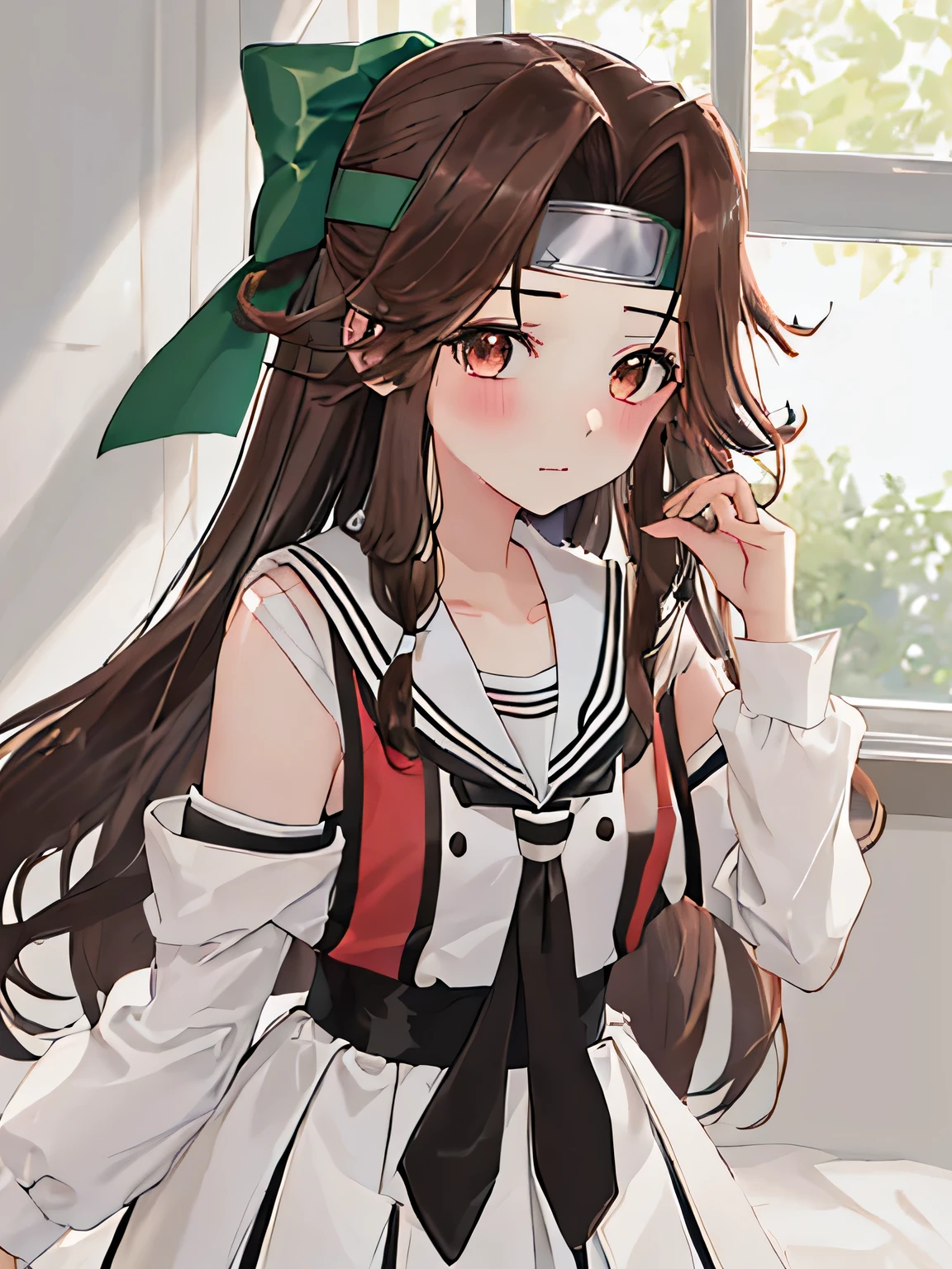 best quality, masterpiece, highres, solo, 
BREAK, {jintsuu_kantaicollection:1.15}, long_hair, brown_hair, brown_eyes, hair_intakes, half_updo, headband, serafuku, 1girl, forehead_protector, sailor_collar, hachimaki, hair_bow, 
BREAK, bow, white_sailor_collar, green_bow, school_uniform,
BREAK, looking_at_viewer,,
BREAK, {{{Bed}}}}, {{{Bed}}},
BREAK, glaring,blush,