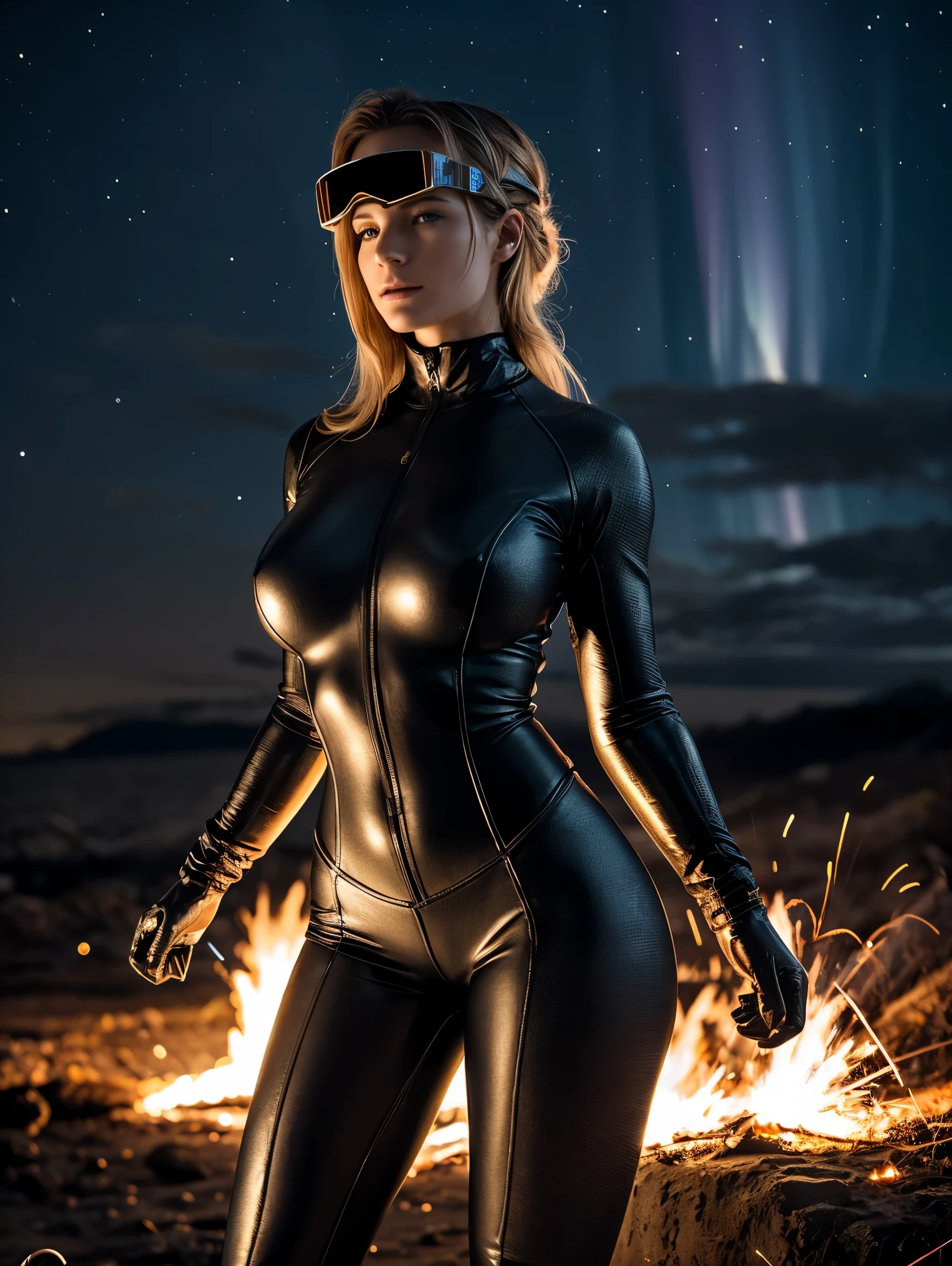 An ultra hot gorgeous European woman, age 23, blonde hair. she's a playmate, men magazine model. She’s a ???? engineer in action pose, welding metal gear. She wears welding goggles. In a loose jumpsuit, She welds metal parts. There's lightning and lot of sparks and flames.
Outside, winter starry night. Northern lights.
Perfect ???????, perfect hair, ??????????????, perfect body, perfect hands, perfect face, UHD, retina, masterpiece, accurate, anatomically correct, textured skin