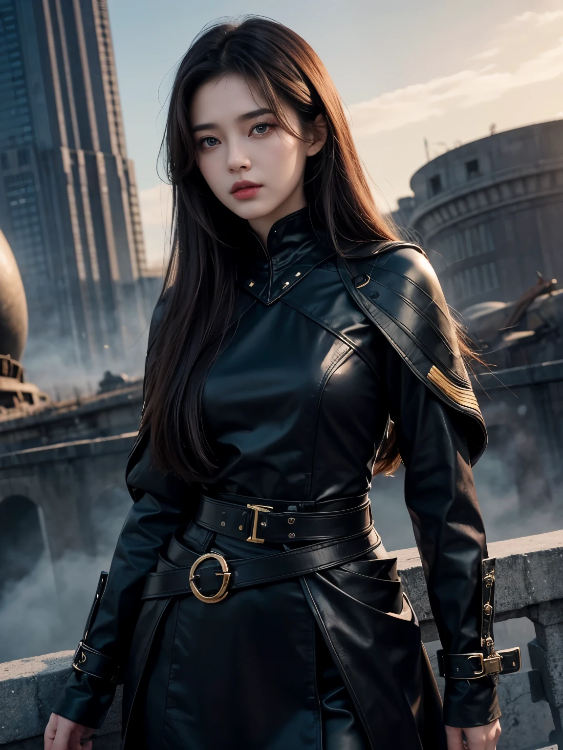 Beautiful woman with long dark brown hair。beautiful double eyes。bridge of nose。well-shaped lips。She wears a black metallic battle uniform.、There is something on his waist that is reminiscent of Kamen Writer&#39;s transformation belt.。There is a small black spaceship in the background of the woman.、It&#39;s floating in the ruined city