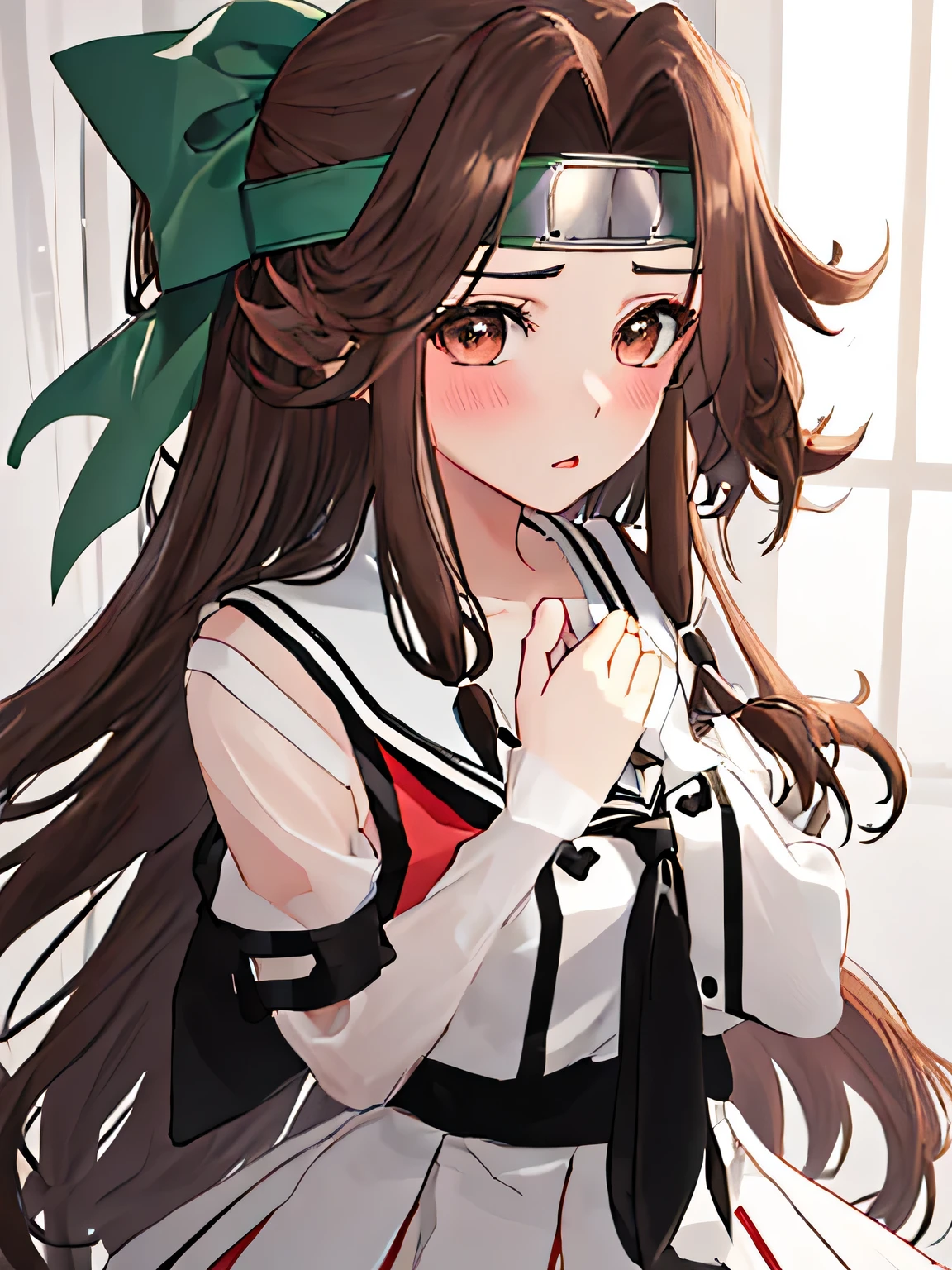 best quality, masterpiece, highres, solo, 
BREAK, {jintsuu_kantaicollection:1.15}, long_hair, brown_hair, brown_eyes, hair_intakes, half_updo, headband, serafuku, 1girl, forehead_protector, sailor_collar, hachimaki, hair_bow, 
BREAK, bow, white_sailor_collar, green_bow, school_uniform,
BREAK, looking_at_viewer,,
BREAK, {{{Bed}}}}, {{{Bed}}},
BREAK, glaring,blush,
BREAK,hand on own chest, milf, small , (erection),