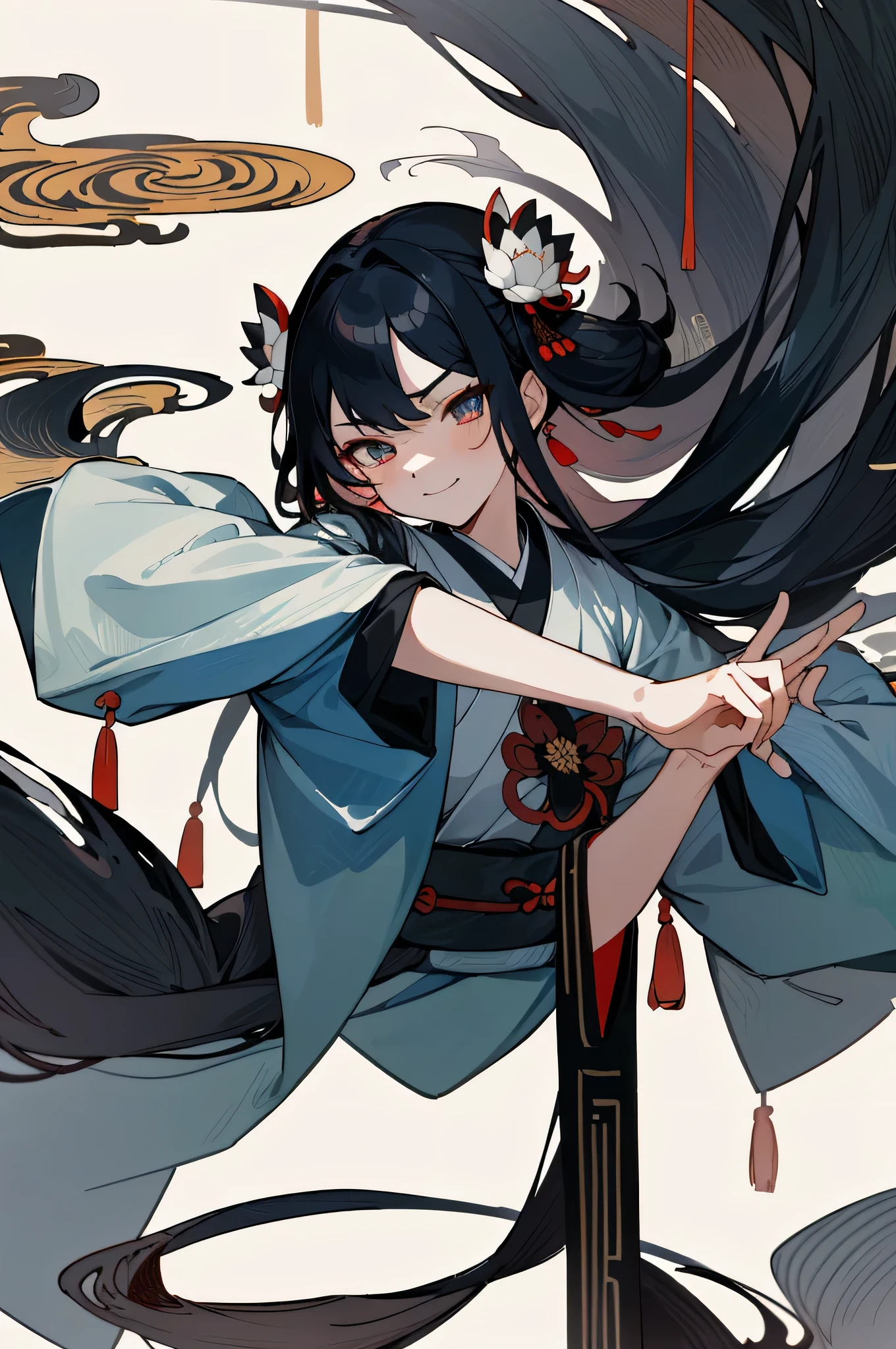 ((4K,masterpiece,highest quality)), Shuimobisim, traditional chinese ink painting, lotus, Hanfu, maxi kit, Modestly dressed 1 girl, alone, blue long hair, smile,((Upper body)),((lowered her arm)),rage,evil smile,