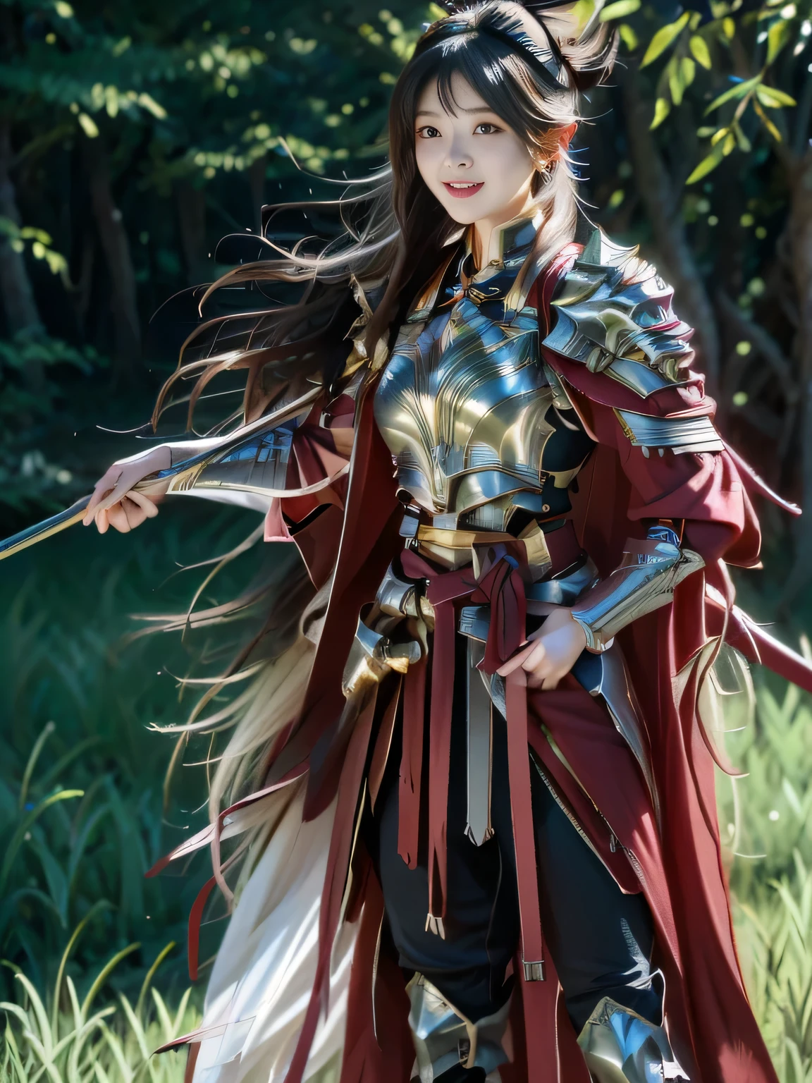 Chinese female general,,Detail the eyes,Crimson cape, metal pauldron,Metal armor,Breasts are full and erect,Gold hairband,majestic,Smile(open mouth)(The corners of the mouth are raised),、(Hair in a bun:1.5),(Hair bun raised high)。wilderness background(grassland background)