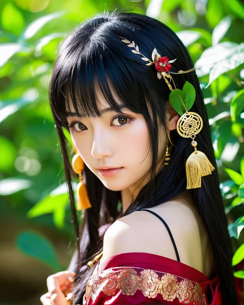 beautiful japanese woman beautiful detailed eyes hair ornaments black hair long hair Miko costume mysterious shrine Asahi sunlight filtering through the foliage