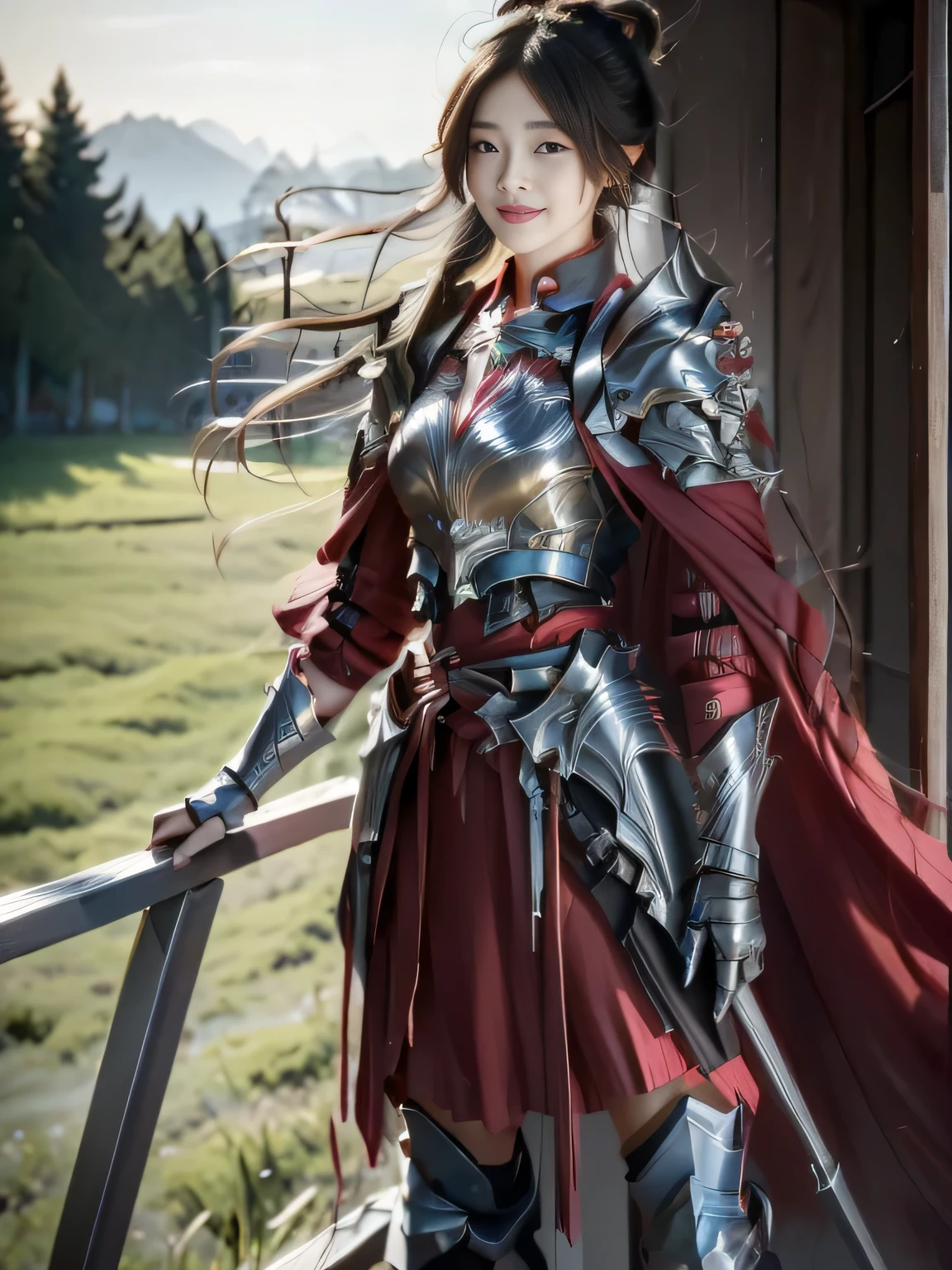 Chinese female general，，Detail the eyes，Crimson cape，  metal pauldron，Metal armor，Breasts are full and erect，Gold hairband，majestic，Smile（open mouth）（The corners of the mouth are raised），、（Hair in a bun：1.5），（Hair bun raised high）。wilderness background（grassland background）