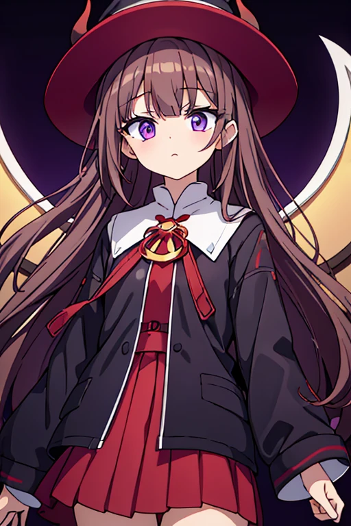 About 16 ~ 19 year old girl,purple-eyed,Long brown hair,white skin,Wear a black coat,red、Purple skirt,red、Black wizard hat,Two-dimensional style,fear,crazy,bloodthirsty,手中拿着血red色的长刀,Devil wings,Very mysterious