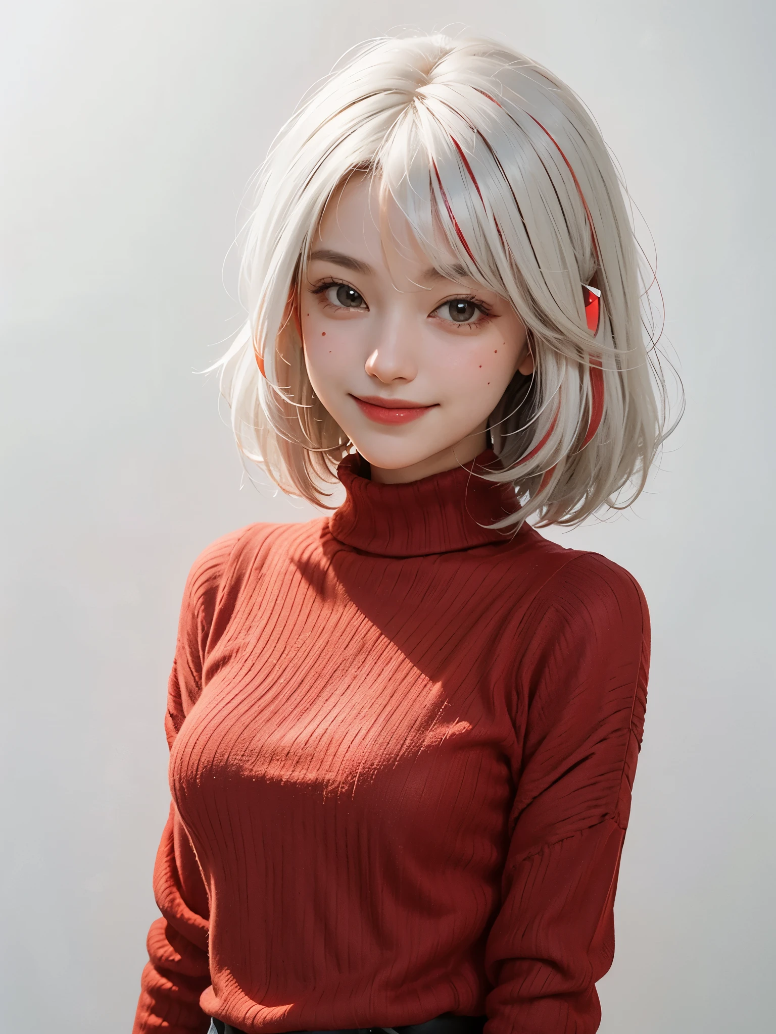 1 girl, sole female, red sweater, smiling, short hairs, ((white hairs with red highlights))
