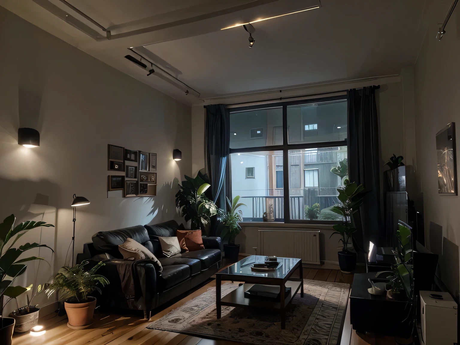 Residential Studio Apartment living room with skylight and plants (at night). Make the image have less lighting.