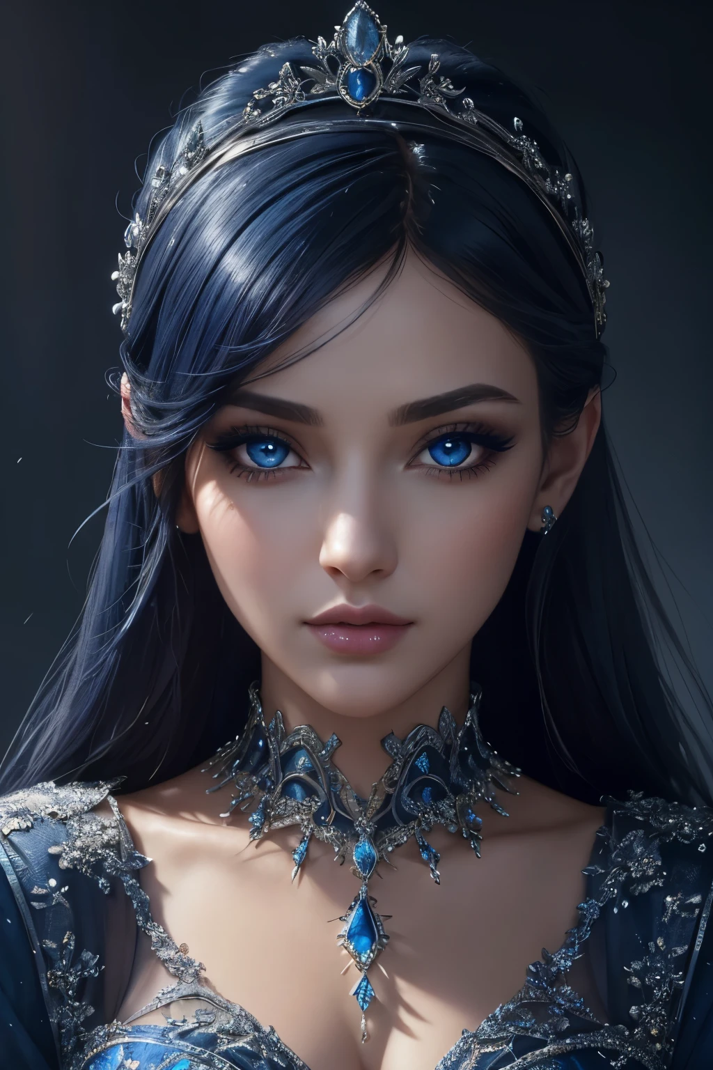 true masterpiece, a beautiful gorgeous fairy princess woman, dark blue hair, dark blue eyes, symmetrical eyes, detailed eyes, high quality eyes, perfect eyes, dark blue dress, perfect face, dark blue eyeshadow makeup on her eyes, eyeliner, very long beautiful eyelashes, dark blue necklacke, dark blue tiara on her head, high quality face, gentle face, realistic, photorealistic, shiny skin, (masterpiece:1.5), concept art, intricate details, highly detailed, octane render, 8k, unreal engine, dynamic pose, best quality, highres, pale skin, beautiful makeup, stunning beauty, very long eyelashes, 32k, high dynamic range, ultra realistic, highly detailed, high definition, extraordinary, stunning, beautiful, serene, normal proportions, perfect anatomy, realistic face, realistic eyes, highly detailed face, highly detailed body, high details, intricate clothing, glowing shadows, beautiful gradient, depth of field, clean image, extremely detailed face, highly detailed background, perfection, dreamy, gentle face, flowing, bright, bright background, sparkles in background, rays of light, plump lips, dazzling eyes, foreground, top of her dress is visible