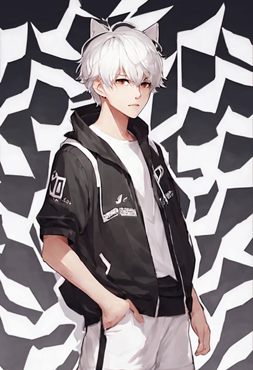 boys，sports student，Handsome boy，Q version，16 years old，animal ears，white hair，Upper body black sports jacket，White sports shorts on legs，Wear white sneakers，standing posture，The crotch looks big best quality,  full body character