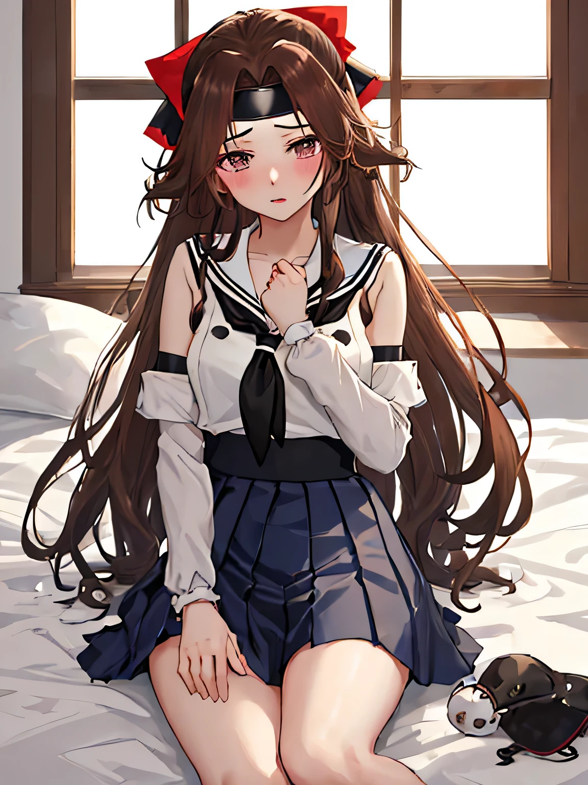 best quality, masterpiece, highres, solo, 
BREAK, {jintsuu_kantaicollection:1.15}, long_hair, brown_hair, brown_eyes, hair_intakes, half_updo, headband, serafuku, 1girl, forehead_protector, sailor_collar, hachimaki, hair_bow, 
BREAK, bow, white_sailor_collar, green_bow, school_uniform,
BREAK, looking_at_viewer,,
BREAK, {{{Bed}}}}, {{{Bed}}},
BREAK, glaring,blush,
BREAK,hand on own chest, milf, small penis, (erection),{{{skirt less}}},{{{skirt less}}},{{{skirt less}}},{{{skirt less}}}