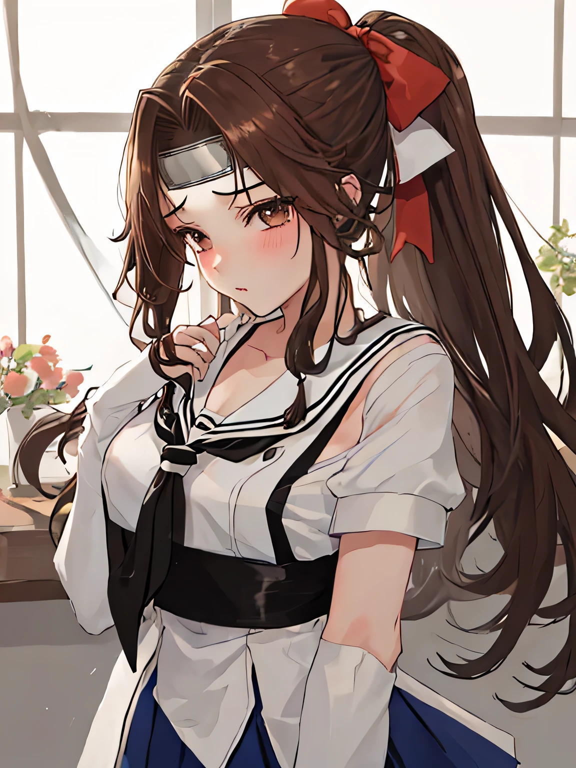 best quality, masterpiece, highres, solo, 
BREAK, {jintsuu_kantaicollection:1.15}, long_hair, brown_hair, brown_eyes, hair_intakes, half_updo, headband, serafuku, 1girl, forehead_protector, sailor_collar, hachimaki, hair_bow, 
BREAK, bow, white_sailor_collar, green_bow, school_uniform,
BREAK, looking_at_viewer,,
BREAK, {{{Bed}}}}, {{{Bed}}},
BREAK, glaring,blush,
BREAK,hand on own chest, milf, small penis, (erection),{{{skirt less}}},{{{skirt less}}},{{{skirt less}}},{{{skirt less}}}