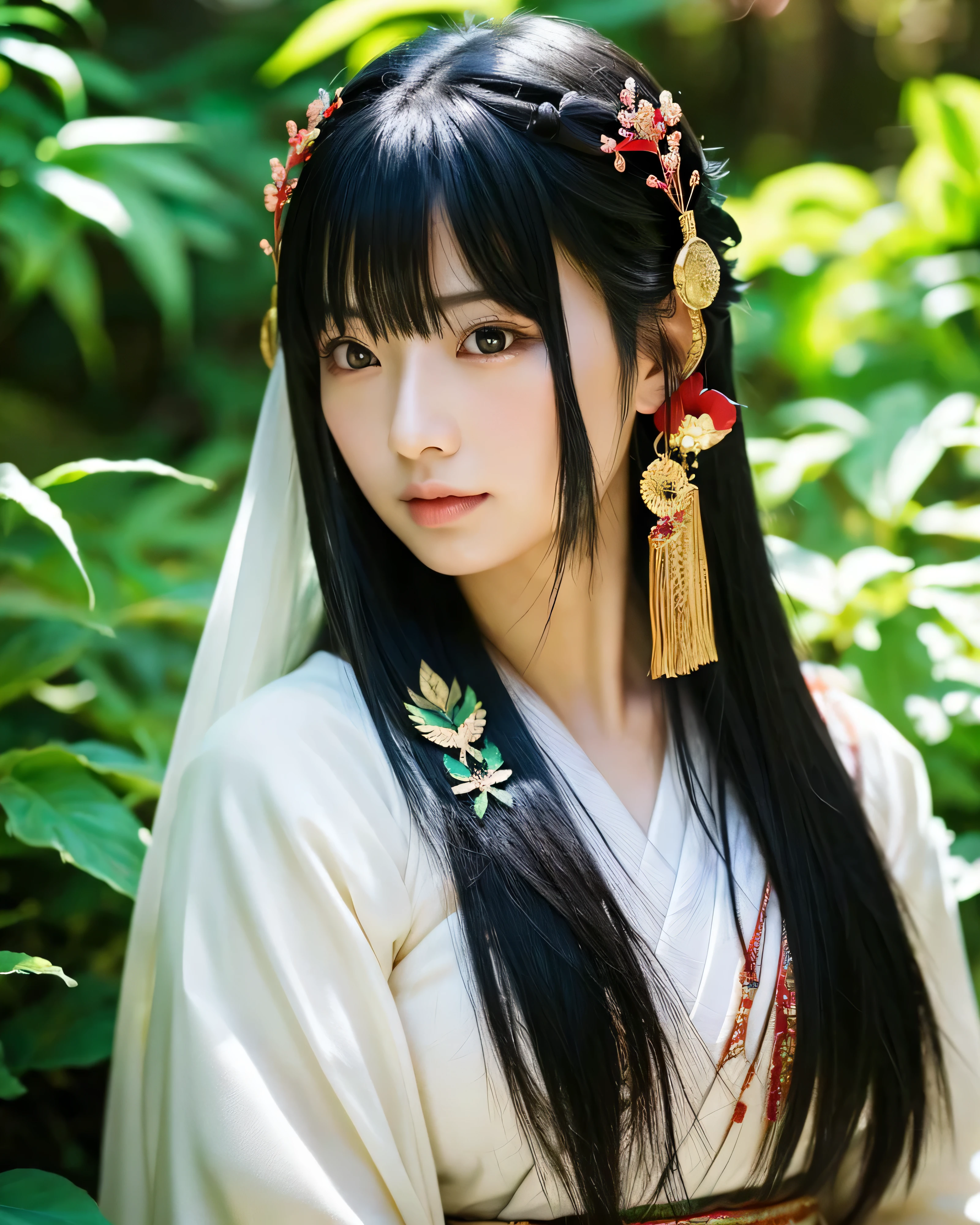 beautiful japanese woman　beautiful and fine eyes　hair ornaments　black hair　long hair　shrine maiden costume　Mysterious　shrine　Asahi　Sunlight through the leaves