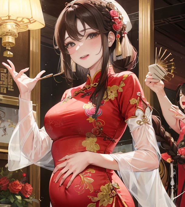 masterpiece, best quality, married woman, aldult, Chinese style, China, elder sister, Smile, hairpin,brown hair, princess cut, Single braid,Full of motherhood,cheongsam,purely,blush,Dignified yet lively,Mother,Put your hands on your belly,thin lips,Mature,Three trimesters of pregnancy
