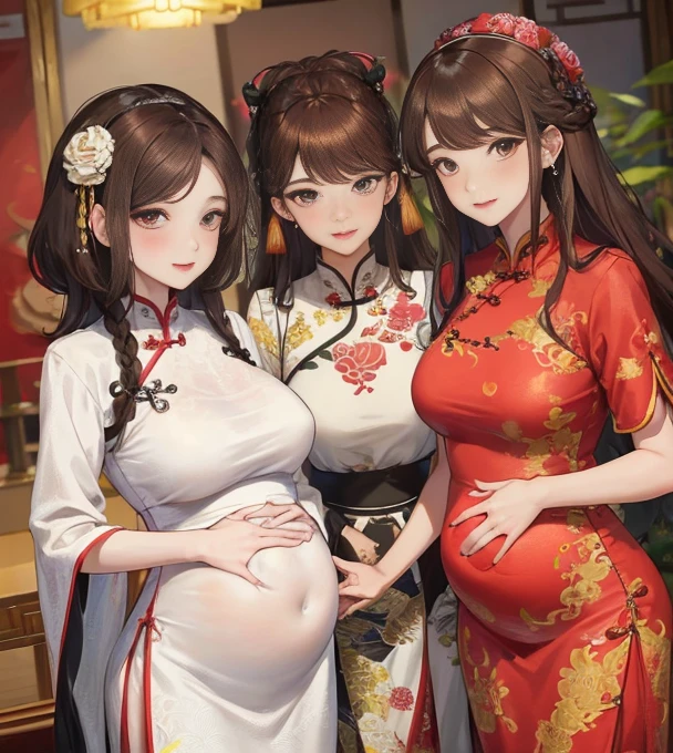masterpiece, best quality, married woman, aldult, Chinese style, China, elder sister, Smile, hairpin,brown hair, princess cut, Single braid,Full of motherhood,cheongsam,purely,blush,Dignified yet lively,Mother,Put your hands on your belly,thin lips,Mature,Three trimesters of pregnancy