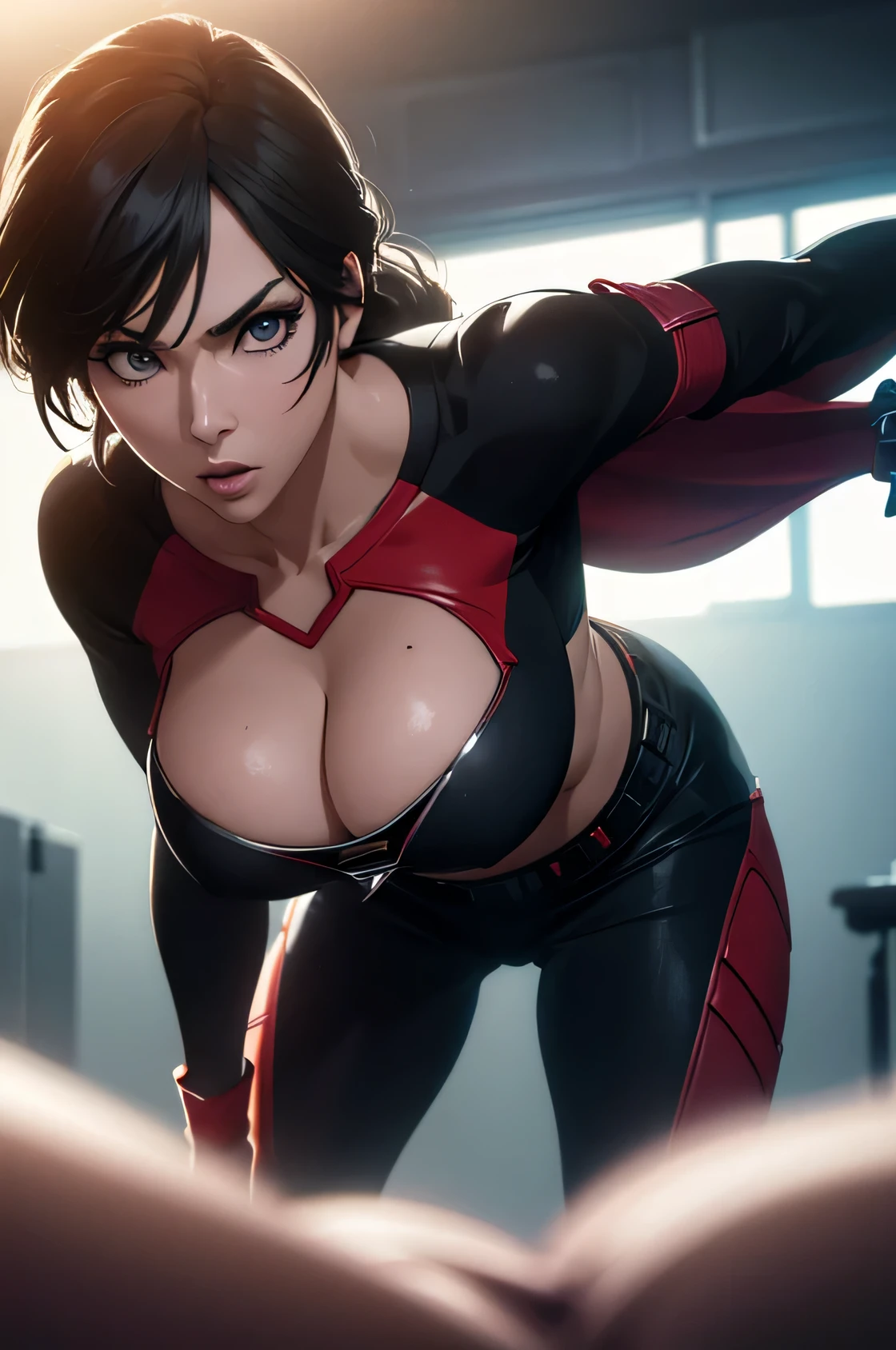 A superheroine, sexy, big breasts, dynamic pose, 3d, (8k), detailed texture,(hyperdetailed), (photo realistic), cinematic light, cinematic action, highly detailed, realistic, Isometric, full body, in frame, driven expression, dark theme, (extremely detailed eyes), detailed symmetric realistic face, extremely detailed natural texture, masterpiece, extremely detailed, amazing, fine detail, rich colors, hyper realistic lifelike texture, dramatic lighting, unreal engine, trending on art station, photo realistic, RAW photo, high quality, high res, sharp focus, extremely detailed, cinematic lighting, 8k, high definition, cinematic, neoprene, unreal engine 5, ultra sharp focus