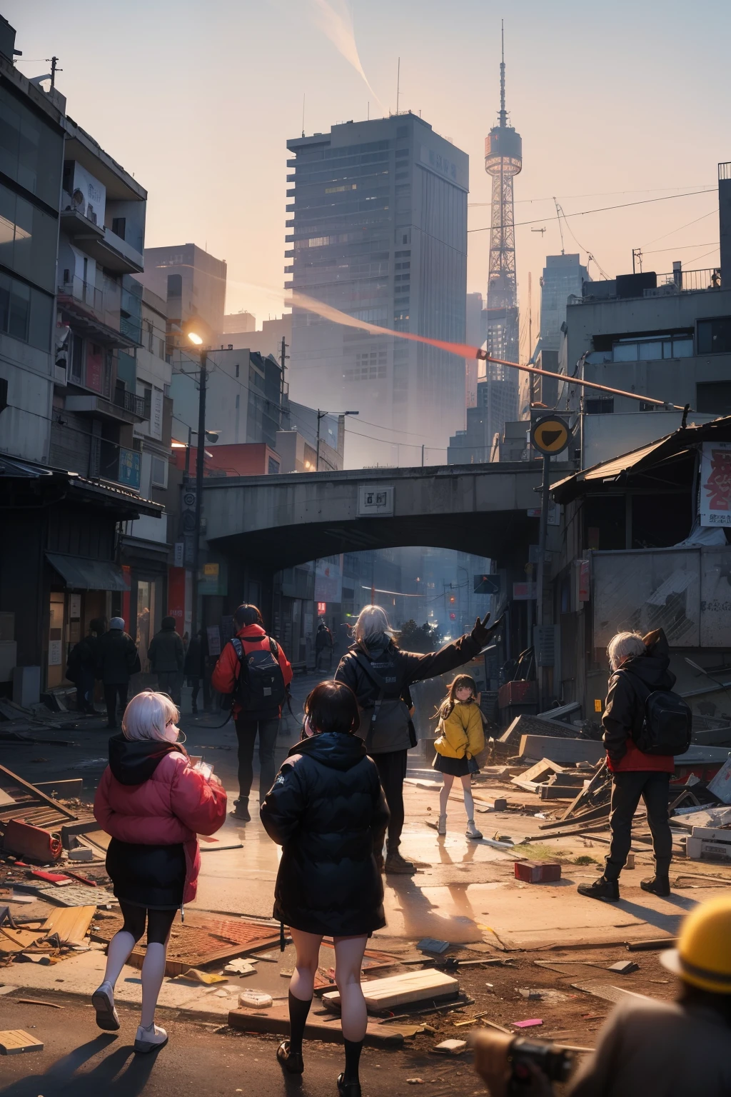 In the heart of Seoul, reality unfolds in a chaotic ballet of movement and destruction. Quick cuts of frightened faces, awkward bodies, and jumbled structures fill the frame as people scramble for safety and cars honk in frenzy. Smoke rises from the ruins of shattered buildings, painting the sky with a grotesque canvas of despair [Unreal Engine, hyper reality --q 2 --v 5.2 --ar 16:9 --s2]. The camera moves with reckless abandon, capturing the raw emotion and turmoil etched on every face. The scene is a potent blend of fear, confusion, and desperation, a testament to the un