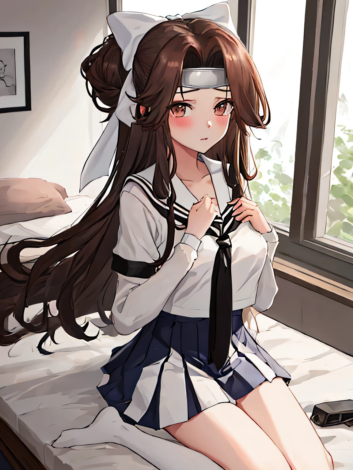 best quality, masterpiece, highres, solo, 
BREAK, {jintsuu_kantaicollection:1.15}, long_hair, brown_hair, brown_eyes, hair_intakes, half_updo, headband, serafuku, 1girl, forehead_protector, sailor_collar, hachimaki, hair_bow, 
BREAK, bow, white_sailor_collar, green_bow, school_uniform,
BREAK, looking_at_viewer,,
BREAK, {{{Bed}}}}, {{{Bed}}},
BREAK, glaring,blush,
BREAK,hand on own chest, milf, small penis, (erection),{{{skirt less}}},{{{skirt less}}},{{{skirt less}}},{{{skirt less}}}