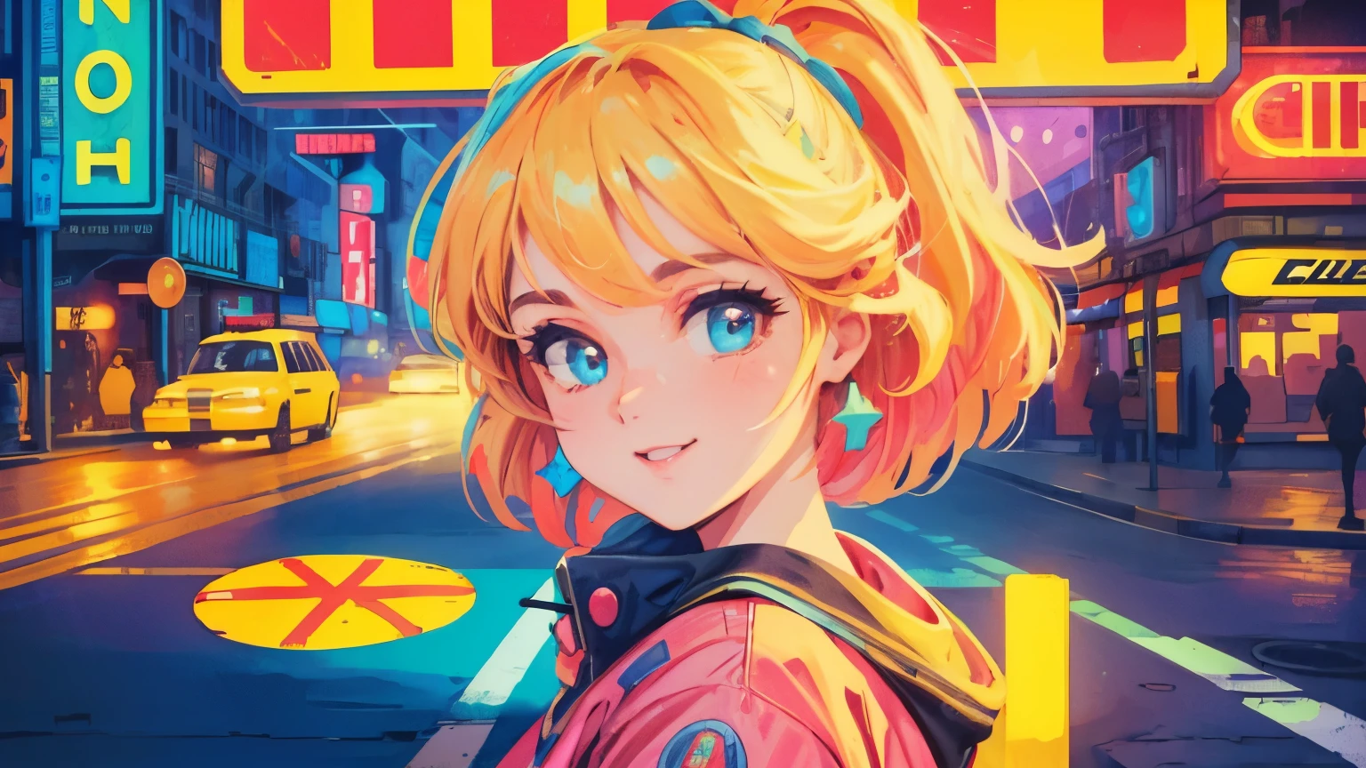best quality, 4K wallpaper, masterpiece, extremely detailed CG unity 8k wallpaper, extremely detailed eyes, ultra-detailed, intricate details, close up 1 happy girl in center, retro art style, neon_pop art style, public, outdoors, road sign, city, people