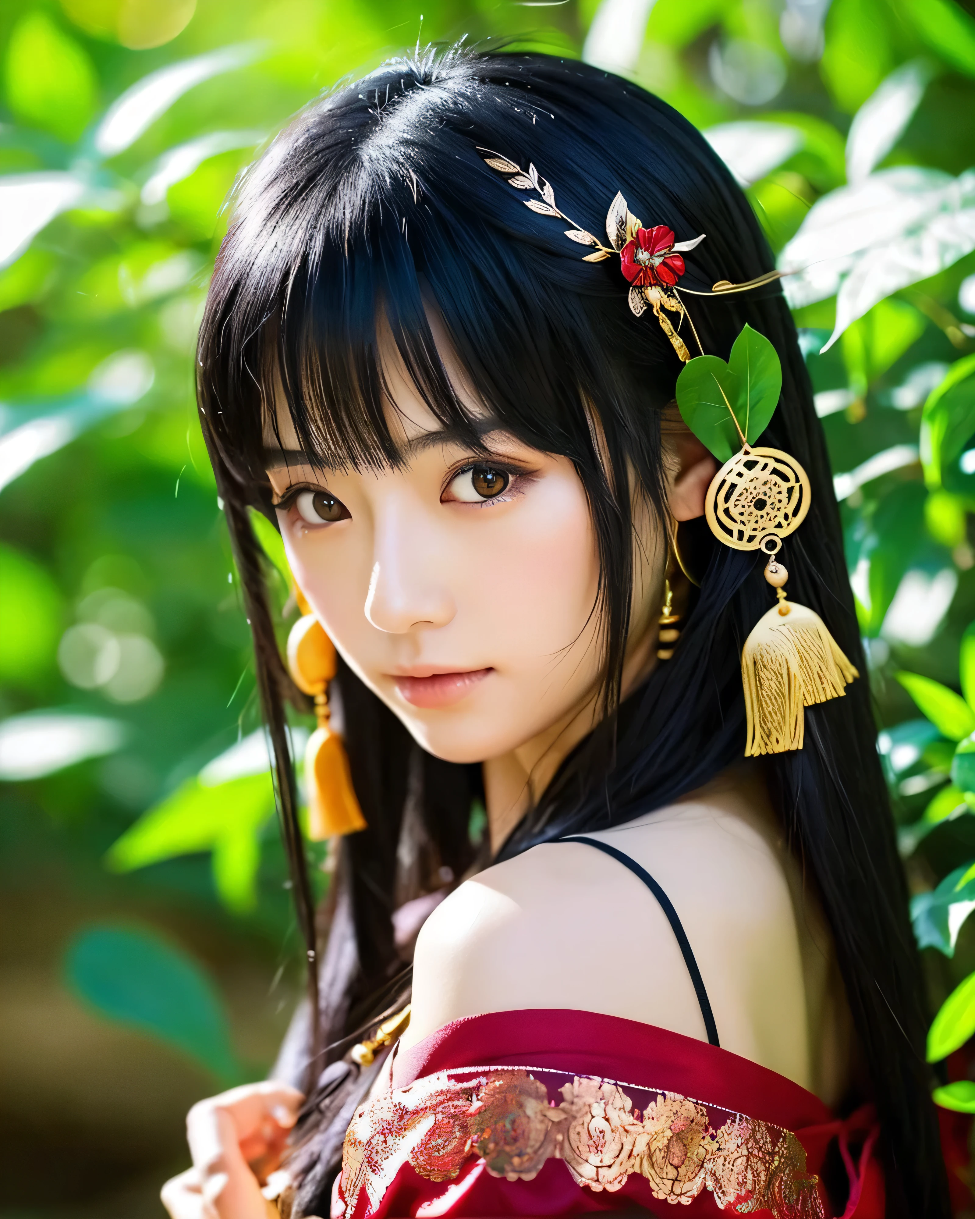 beautiful japanese woman beautiful and fine eyes hair ornaments black hair long hair shrine maiden costume Mysterious shrine Asahi Sunlight through the leaves