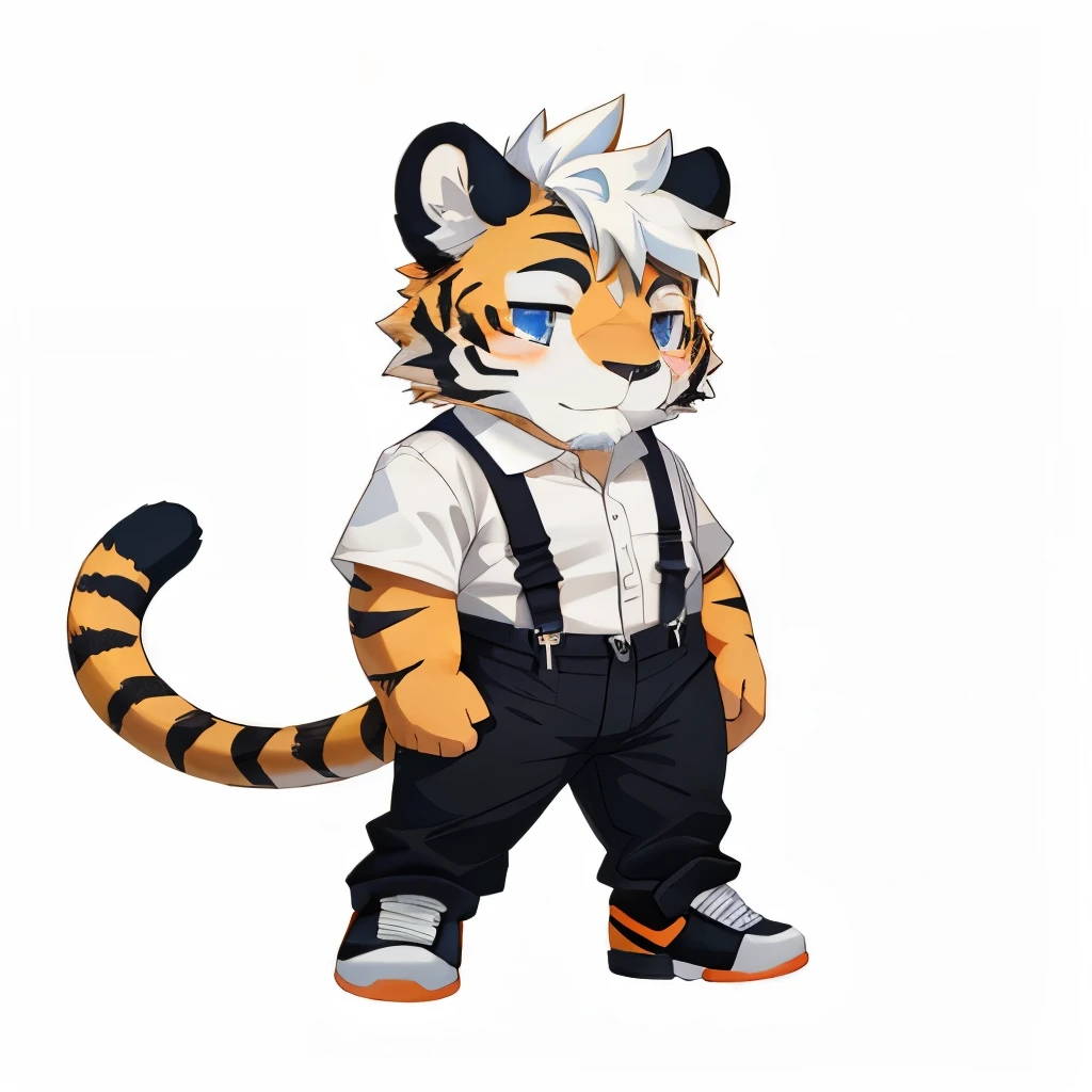 masterpiece, best quality, chibi, furry, furry tiger, orange fur, white hair, Kosutora, (full body), simple background, ((white shirt with suspender)), ((long pants)), ((sport shoes)), look to the side, goatee, chubby,