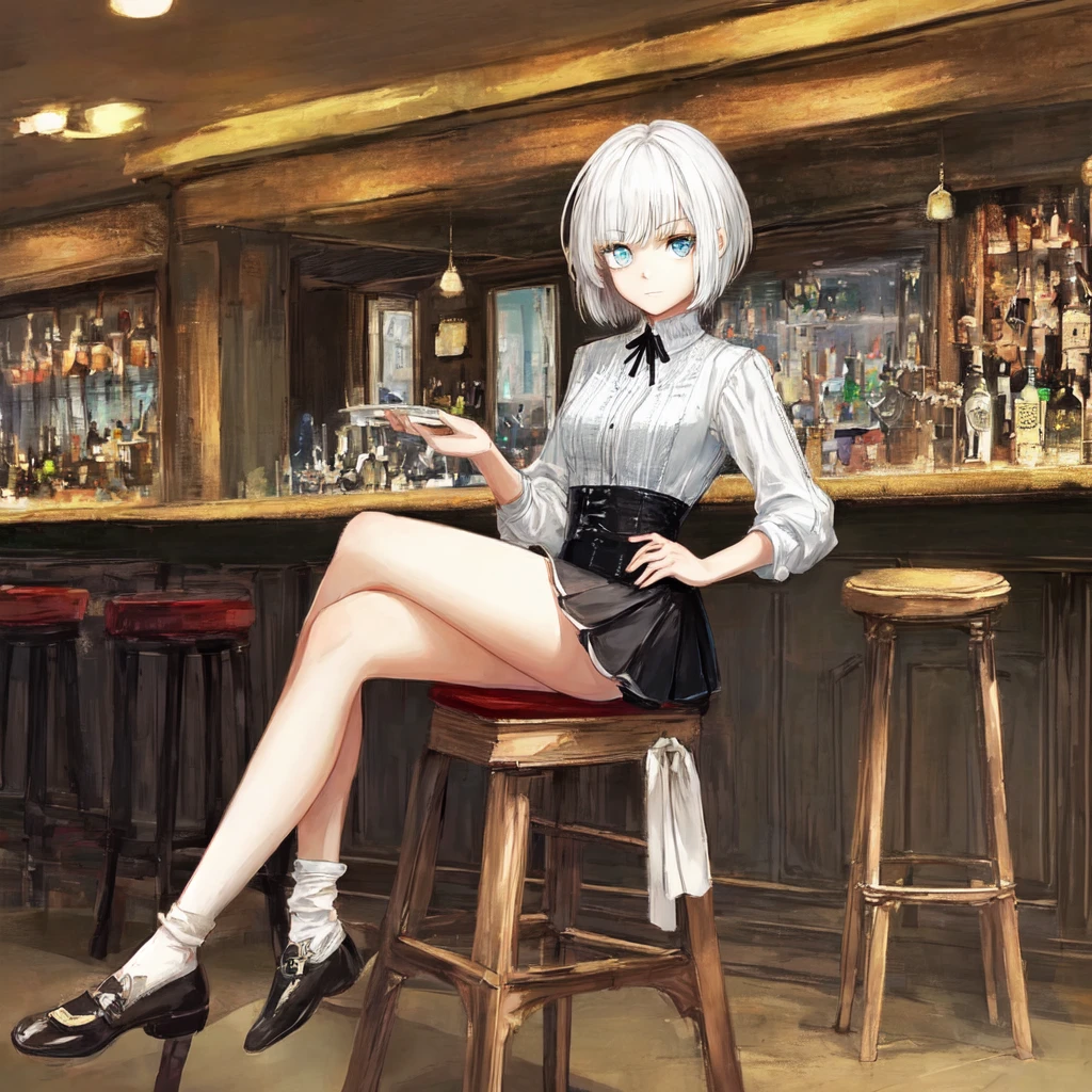 (best quality, masterpiece:1.2), detailed eyes, soft skin, heterochromia eyes, vibrant, short white hair with bangs, bright eyes, 1 girl aged 20, sitting on a high stool with her legs crossed, a mischievous expression on her face. The background is a bar counter.