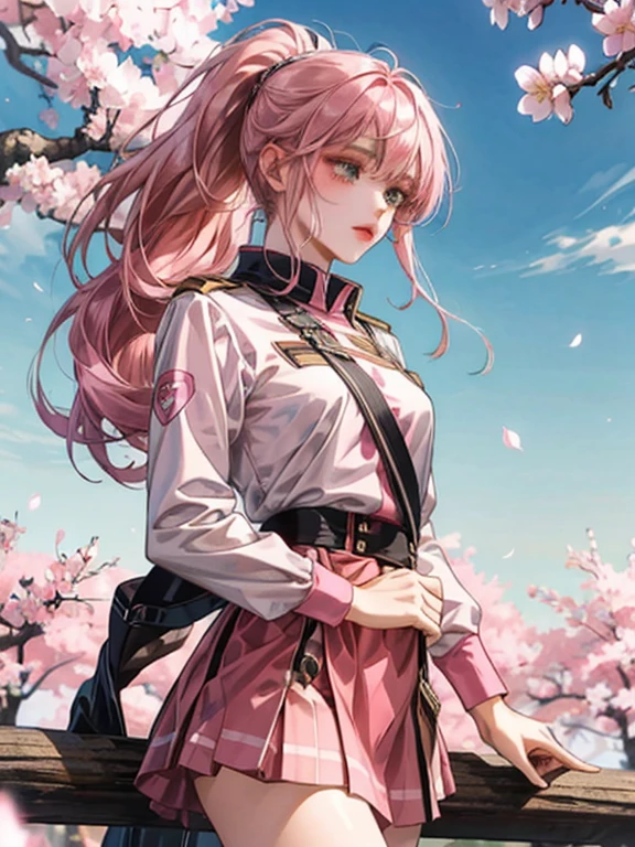 long bangs, Long ponytail, Smokey makeup, The Perfect Face, Pink hair, pink uniform with brown straps, pink wrap skirt, Holding a large knife in hand, cherry blossom background, Blue Sky