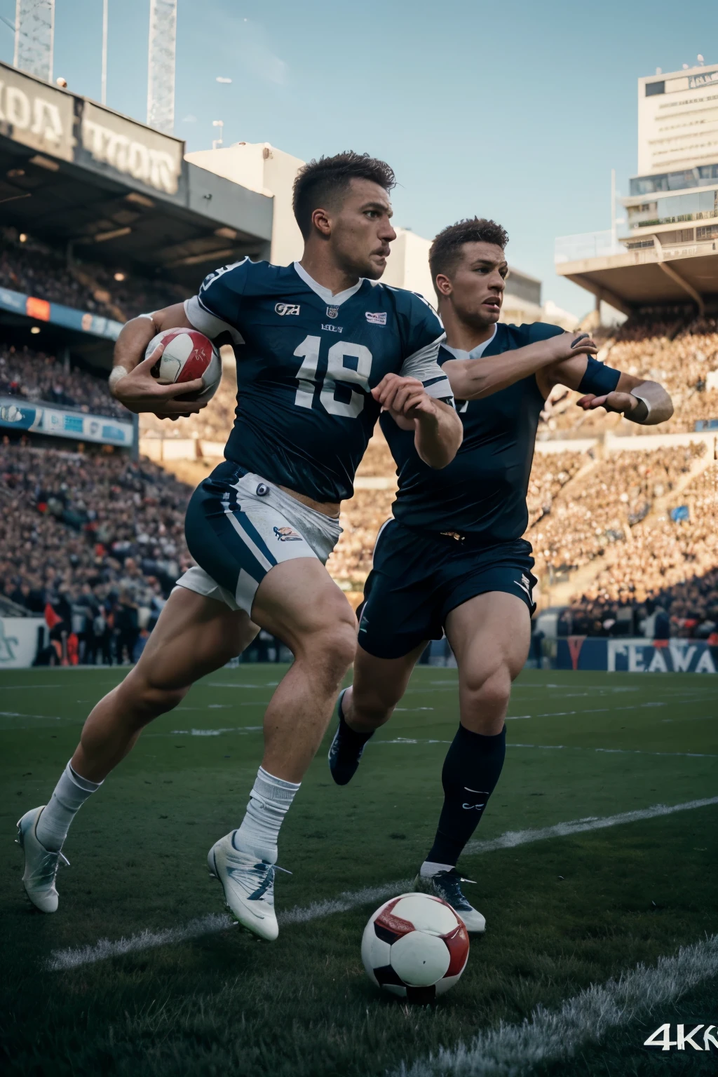 Two football players run and kick the same ball (no soccer) , white man, a fight full height/ photorealism, ultra realism, (best quality,4k,8k,highres,masterpiece:1.2),ultra-detailed, like zenit