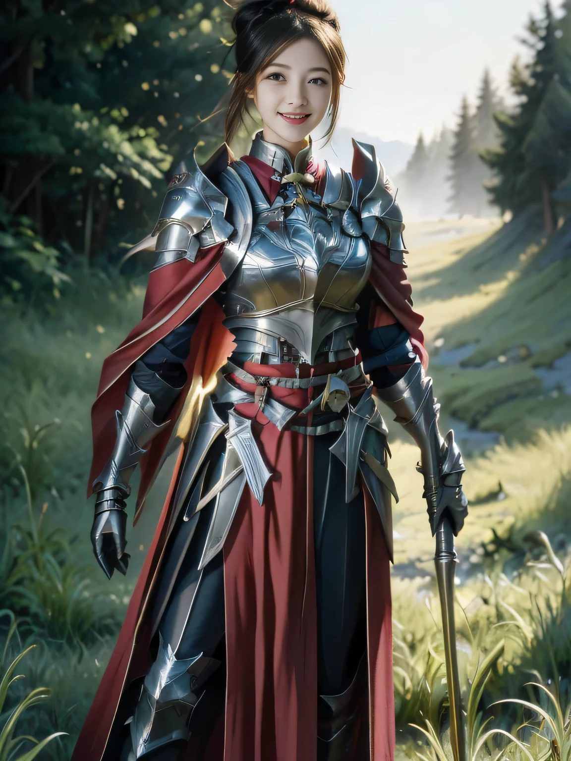 Chinese female general,,Detail the eyes,Crimson cape, metal pauldron,Metal armor,Breasts are full and erect,Gold hairband,majestic,Smile(open mouth)(The corners of the mouth are raised),、(Hair in a bun:1.5),(Hair bun raised high)。wilderness background(grassland background)