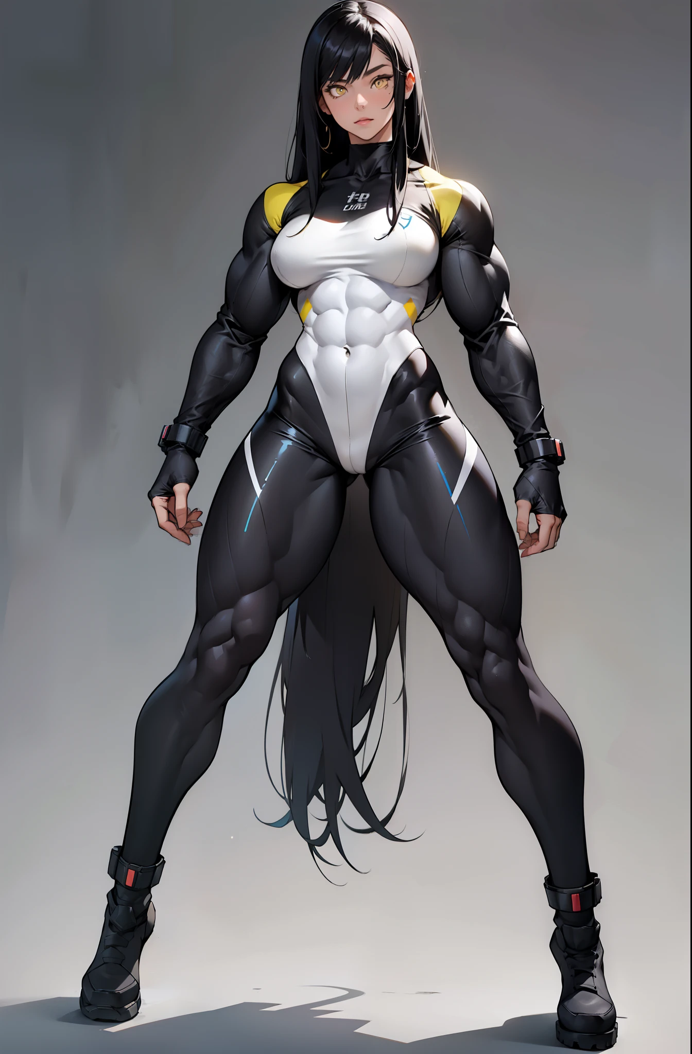 (((((1 girl))))), black hair, yellow eyes, very long hair, ((((((muscular)))))), tall, pale skin, bodysuit, ((full body)), (solo)
