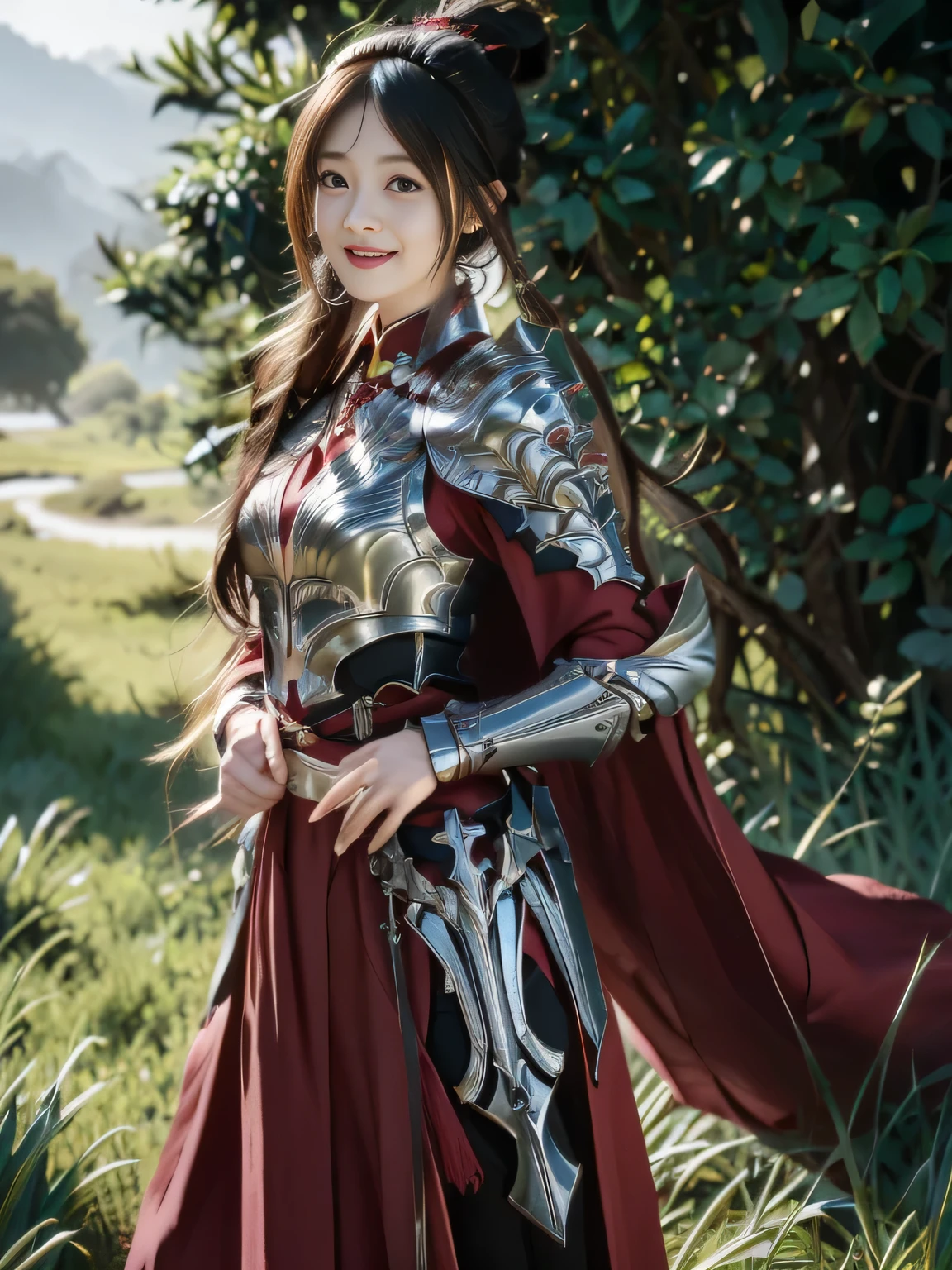 Chinese female general,,Detail the eyes,Crimson cape, metal pauldron,Metal armor,Breasts are full and erect,Gold hairband,majestic,Smile(open mouth)(The corners of the mouth are raised),、(Hair in a bun:1.5),(Hair bun raised high)。wilderness background(grassland background)
