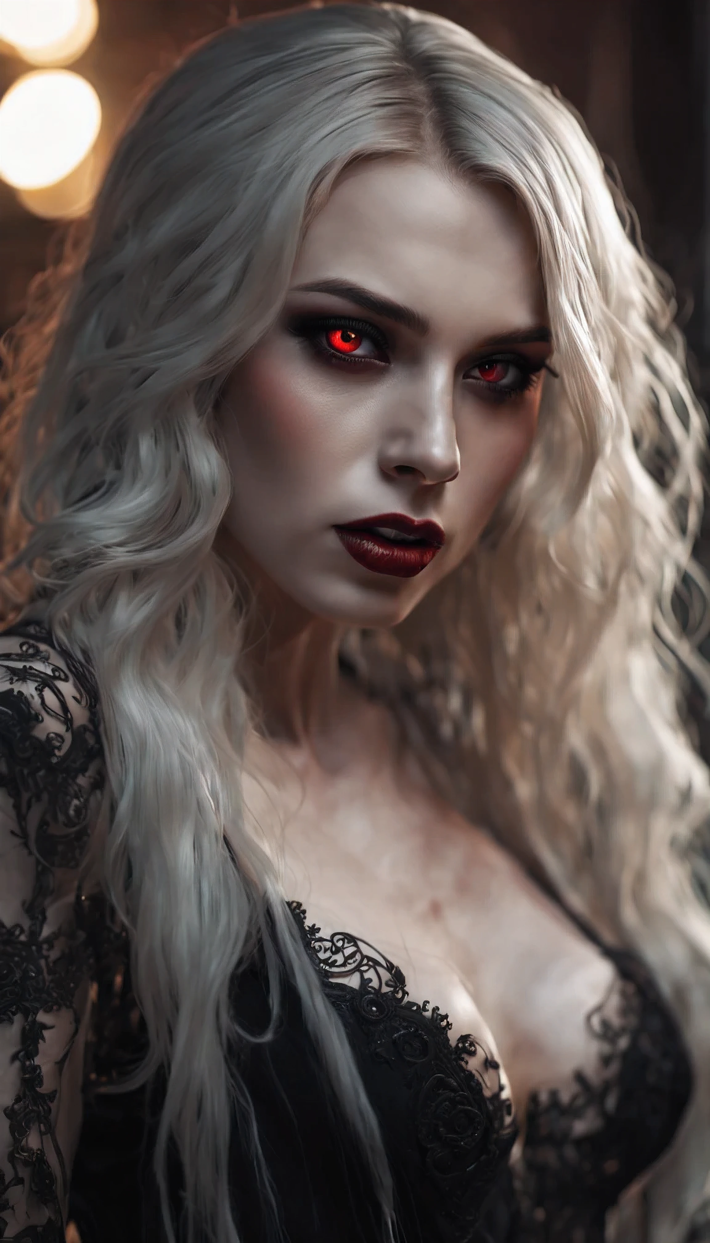 Photorealistic portrait of a vampire girl, У нее long light hair, Young woman, standing at full height in the dark, She is wearing a black short dress with a plunging neckline, Beautiful breasts, detailed chest, Black openwork stockings, black high heels, Detailed face, dark makeup, Seductive look, (sexual) Outside, fangs visible, Blood runs down his lips, bright glowing eyes. long light hair, realism, pale detailed skin, bright red eyes, very detailed skin, loose hair, Realistic skin, Gothic attire, Canon,4K, mysterious, Gothic, Sexy beautiful vampire girl, High 8K Image Quality, detailed image 16K.