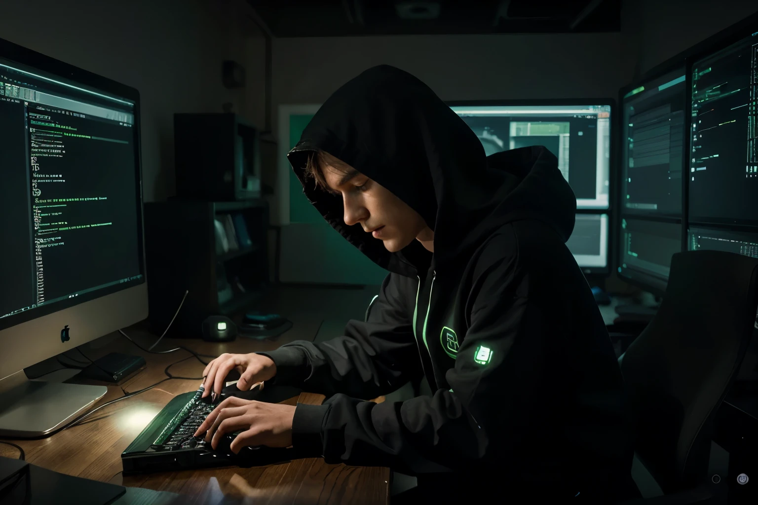 "Create a vivid and detailed narrative for an AI-generated image depicting a 25yo guy intensely typing lines of code on a computer, wearing a hoodie, surrounded by an ambient black and green environment. Capture the essence of his focus, the glow of the computer screen illuminating his face, and the mysterious atmosphere created by the dark surroundings. Explore the synergy between the futuristic green hues and the intricate dance of the boy's fingers over the keyboard, symbolizing a journey into the digital realm where creativity and technology converge."
