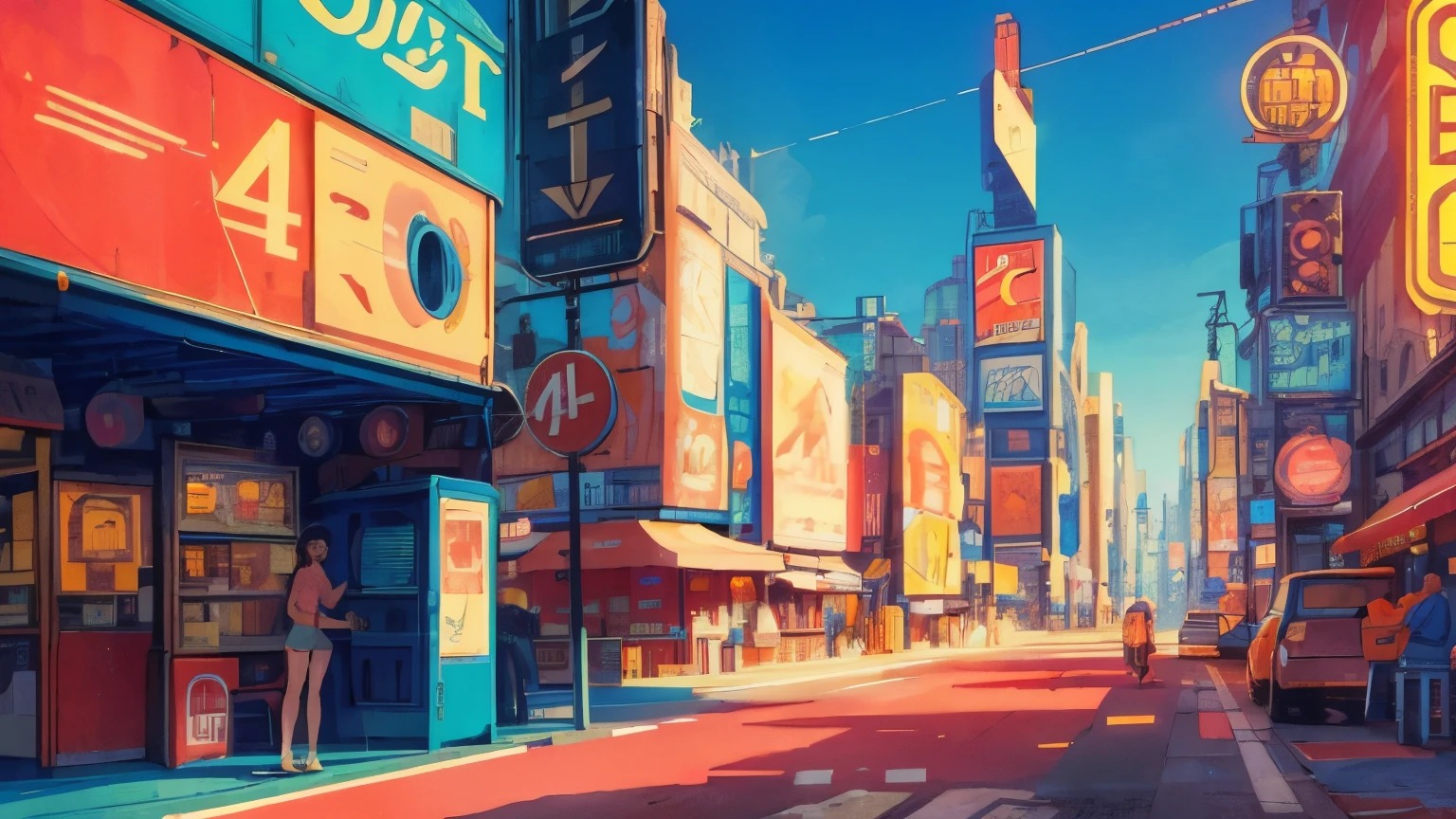 best quality, 4K wallpaper, masterpiece, extremely detailed CG unity 8k wallpaper, extremely detailed eyes, ultra-detailed, intricate details, 1girl, retro art style, neon_pop art style, public, outdoors, road sign, city, people