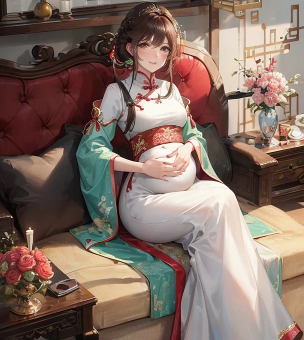 masterpiece, best quality, seaside, banquet, 1 female, mature woman, elegant, Chinese style, China, elder sister, Royal elder sister, happy, meatball head, light brown hair, pink eyes, Gorgeous headdress, Light pink lips, pink clothes, yarn clothing, intellectuals, Full bangs, flat bangs, Flower bulbs, The face shape is delicate,pregnancy