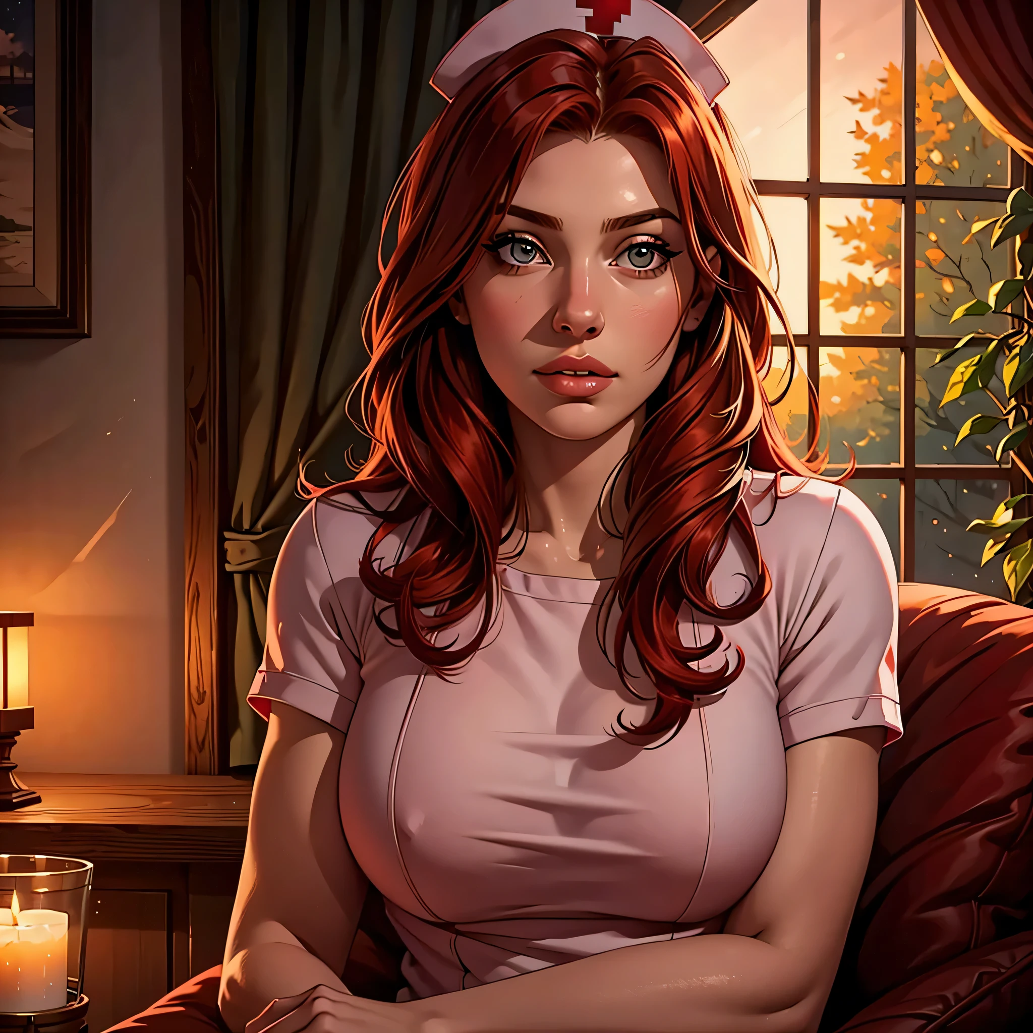 (melhor qualidade, realista, 1 garota), 20 anos de idade, olhos detalhados, Detailed lips, cabelo vermelho, ENFERMEIRA, lar, ambiente aconchegante, soft lighting, ambiente tranquilo