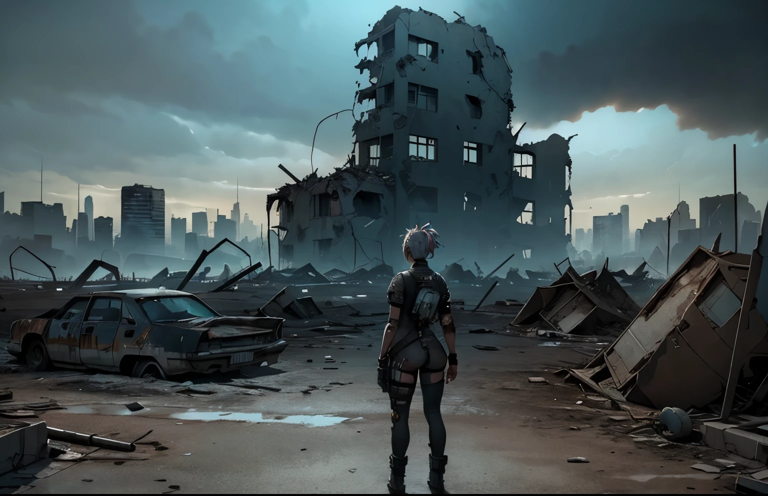 ((nsfw a lonely apocalyptic female survivor, Ponto de vista, anti-dive camera angle, a city in ruins with a destroyed building in the background)), in a post apocalíptico setting, 8k, pintura fosca em preto e branco, dystopian future, destroyed city in the background, em uma paisagem urbana arruinada, in a post-apocalyptic wasteland, in a post apocalyptic city, Akira CGI Filme Stills, cinematic photography concept art, destroyed city, ((imagem em preto e branco))