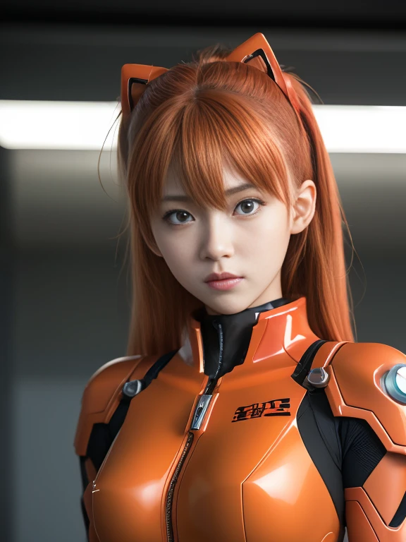 Close - up real - Live - action adaptation of a 3d character of Asuka Langley Soryu in plugsuit, charming face, NeonGenesis Evangelion cool expression