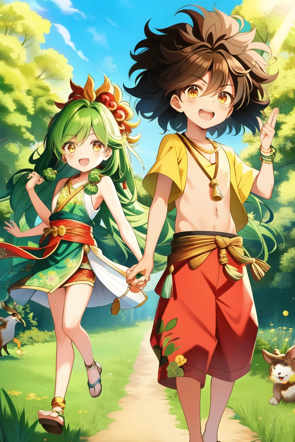 Yuya and Oguei, two siblings,playful and lively,childlike grins, Afro hairstyles with curly locks, vibrant green surrounding, forest clearing, colorful birds in flight, sun setting, warm golden light, heartwarming bond, detailed background,
Siblings duo, Yuya with red beads bracelet, Oguei wearing a wooden necklace, flat avatar, 1 boy and 1 girl, full body, chibi style, wild animals playing around them, densely textured foliage,
Yuya, with a serious expression, wearing a loincloth and holding a hunting bow, Oguei, dressed in