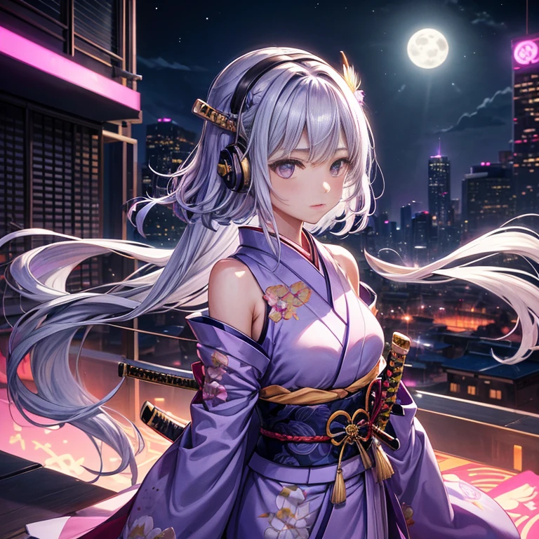 A big moon hangs over a city of neon-lit skyscrapers、shining brightly。(((arms、Having a katana)))In the hustle and bustle of the city、Animated girl wearing a colorful kimono with intricate patterns(He is lost in thought on the edge of the rooftop, holding a sword.)。Short wavy hair and headphones。The purple gradation sky is clear、she is listening to her favorite music。The movie-like city lights illuminated her face.、It highlights the expressive eyes and delicate details of the kimono.。maid of honor short story、Thin platinum hair swaying in the wind。