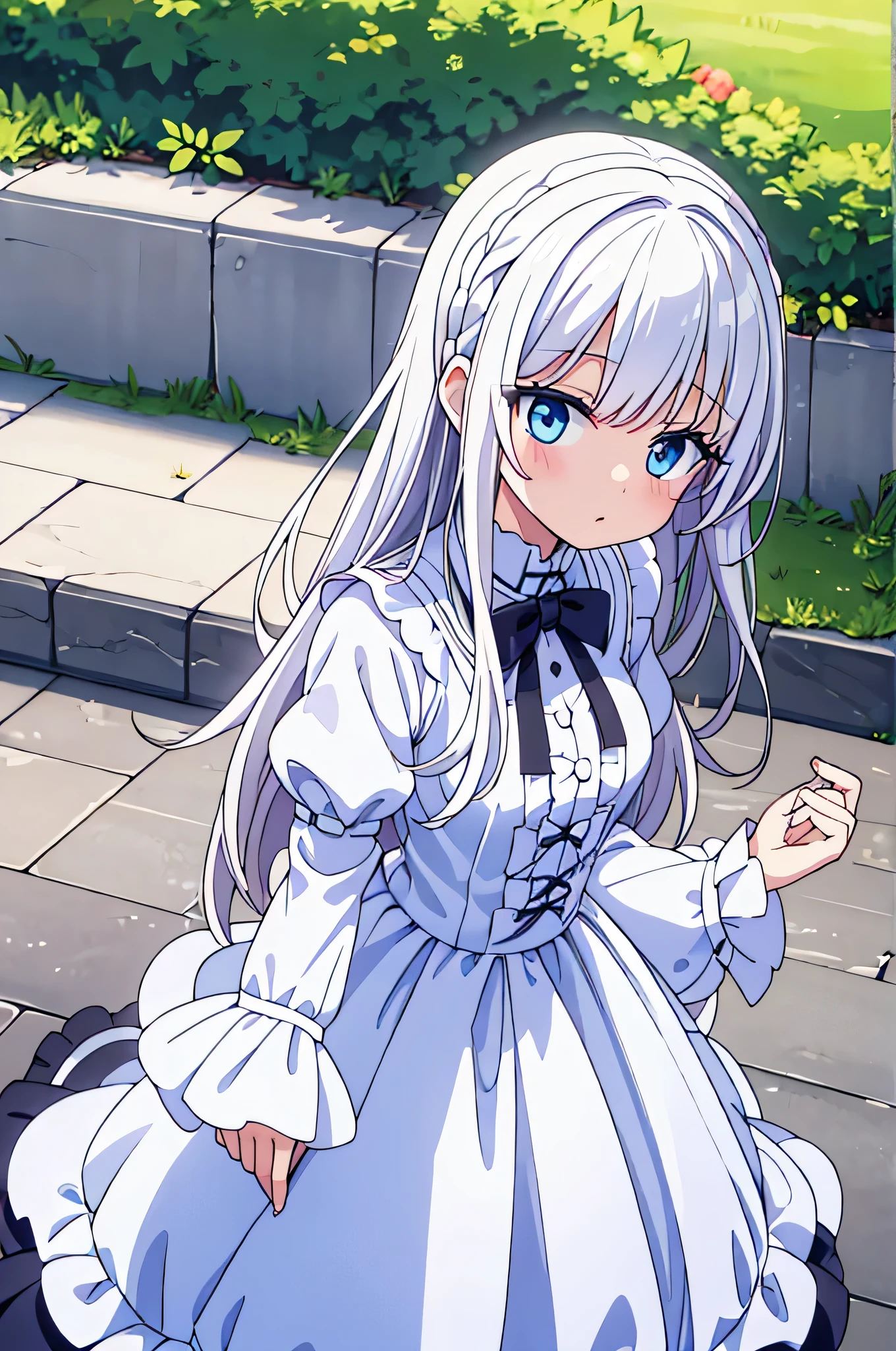 draw a picture，White-haired lolita wearing white standing with students under the tree,ultra high definition